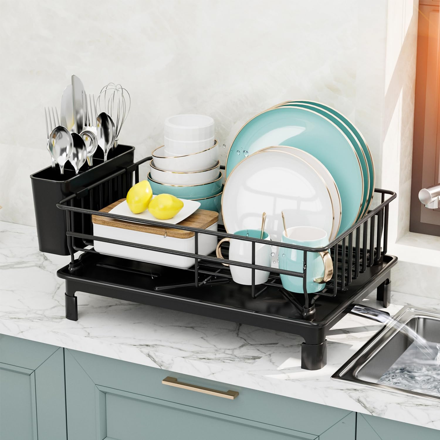 Dish Drying Rack, Dish Racks with Drain Board and 360&deg; Rotating Nozzle for Kitchen Counter Sink Carbon Steel Rustproof, Strong Carbon Steel Dish Drainer for Kitchen Storage & Organisation (Black) image number 5