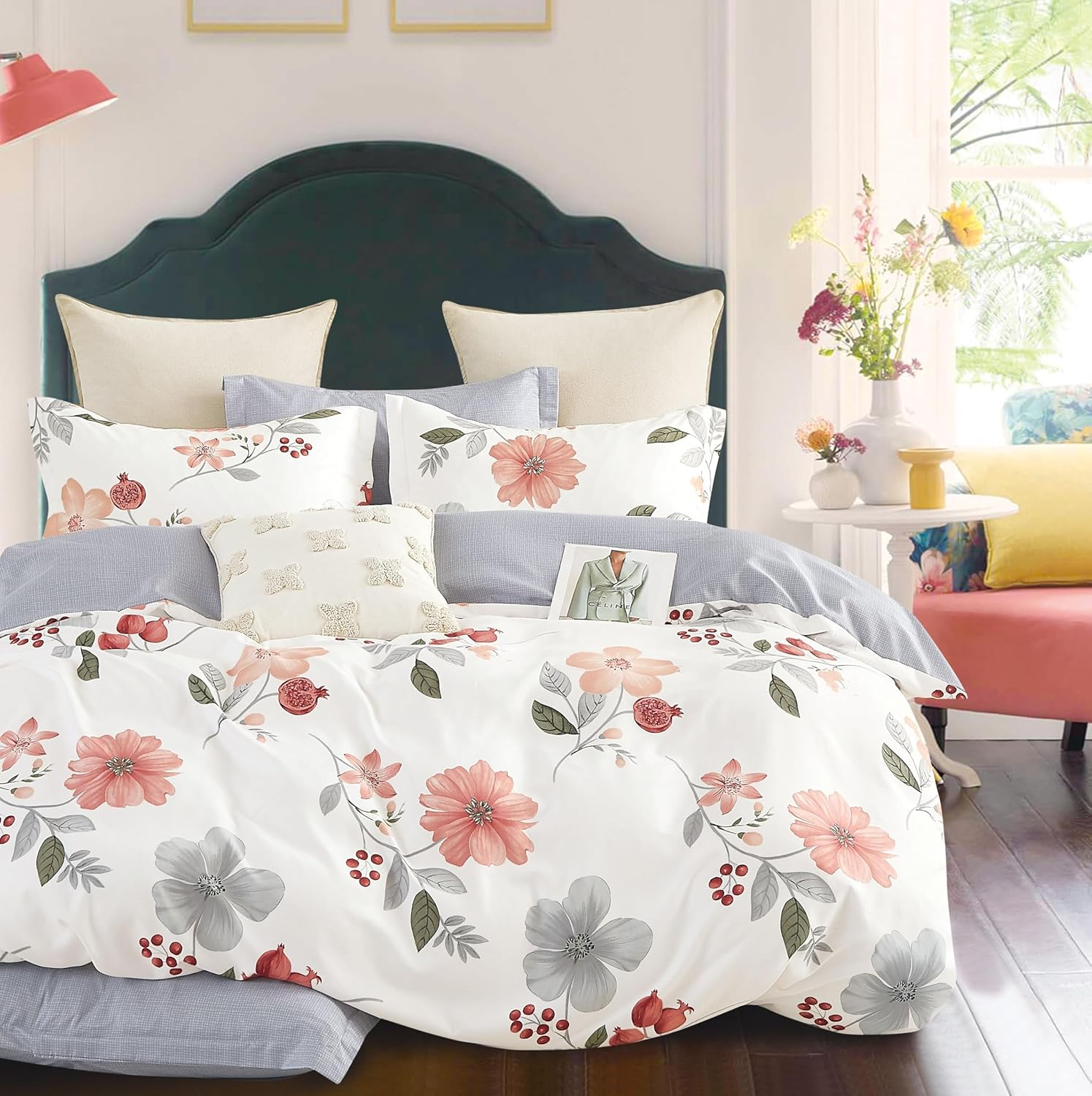 Quilt Cover Set- Soft Microfiber Floral Botanical Cover Bedding with Zipper Closure & Corner Ties (3 Pieces,Queen Size)