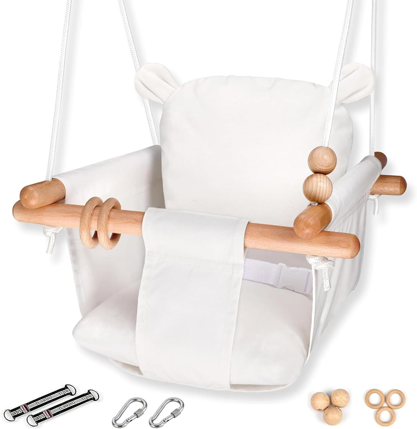 Baby Swing Seat, Visuivit Durable Canvas Hanging Swing for Outdoor/Indoor Use with Canvas Cushion & Safety Belt, Swing Sets for Baby Hammock Toy Backyard (White & Grey) - Grey image number 3