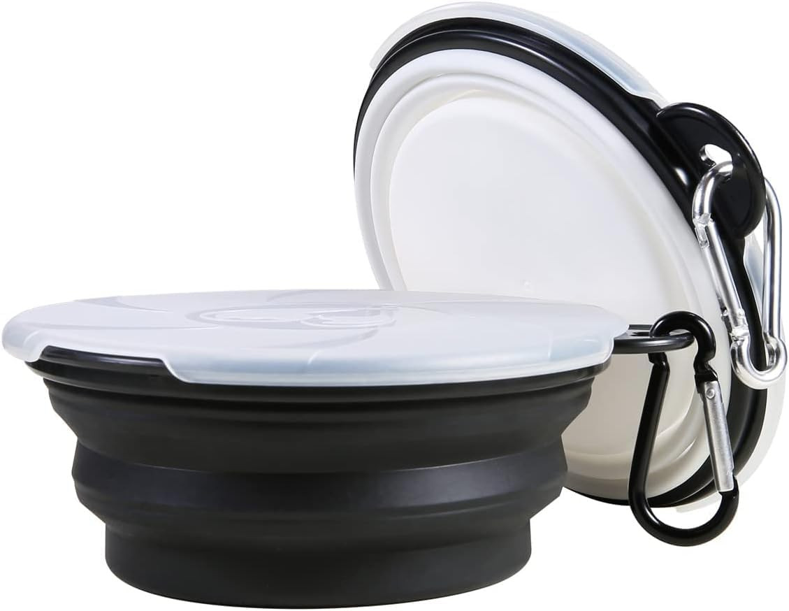 Collapsible Dog Bowl,2 Pack Portable and Foldable Pet Travel Bowls Collapsable Dog Water Feeding Bowls Dish for Dogs Cats and Small Animals,With Lids (Black+White, Small)