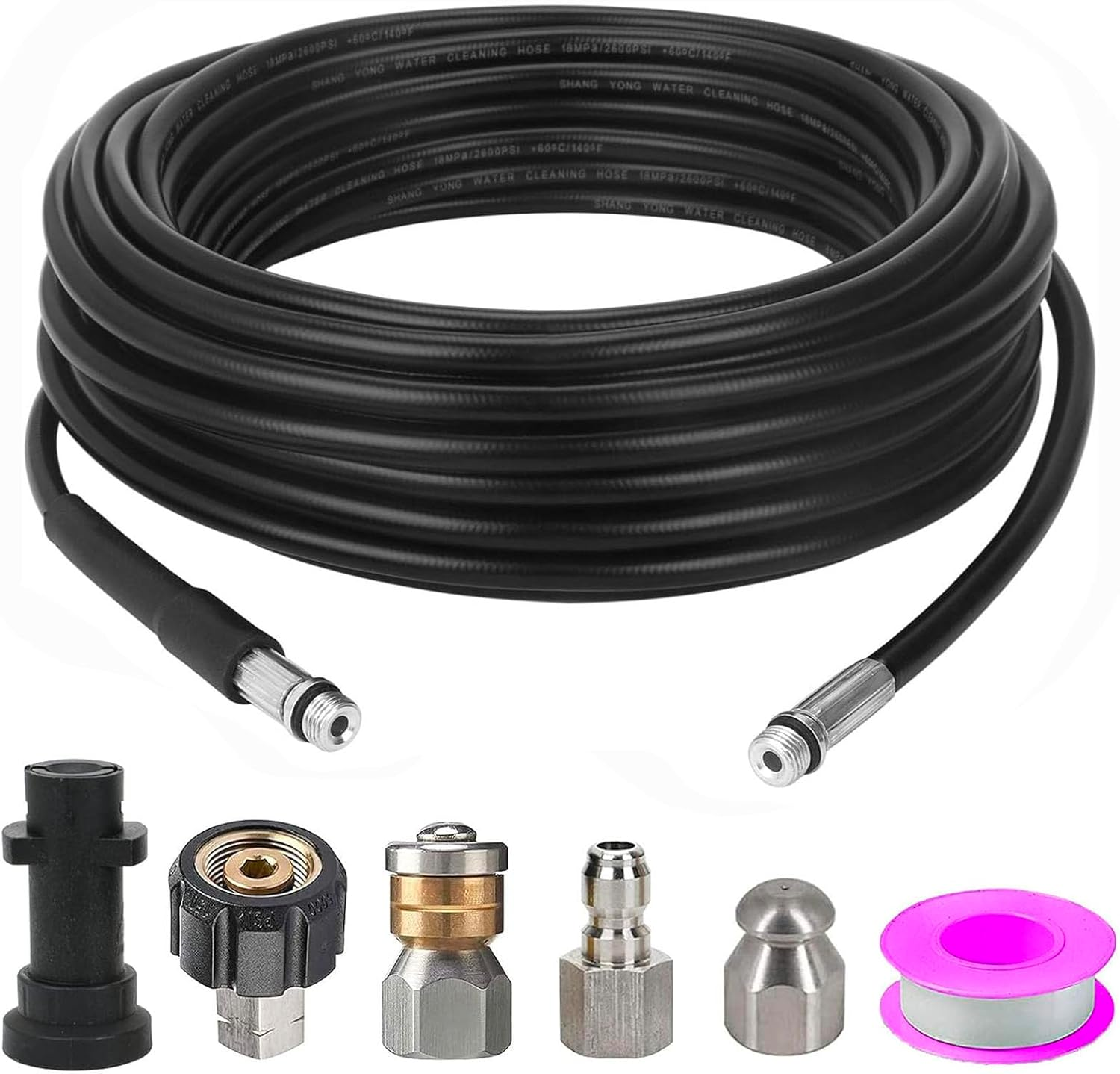 Pressure Washer Sewer Jetter Kit - 1/4 Inch NPT Cleaner Hose (32.8FT), M22 Coupler, 1/4" Quick Plug, Rotating Nozzle, Button Nosejetter Nozzle, for Karcher Adapter, Waterproof Tape image number 1