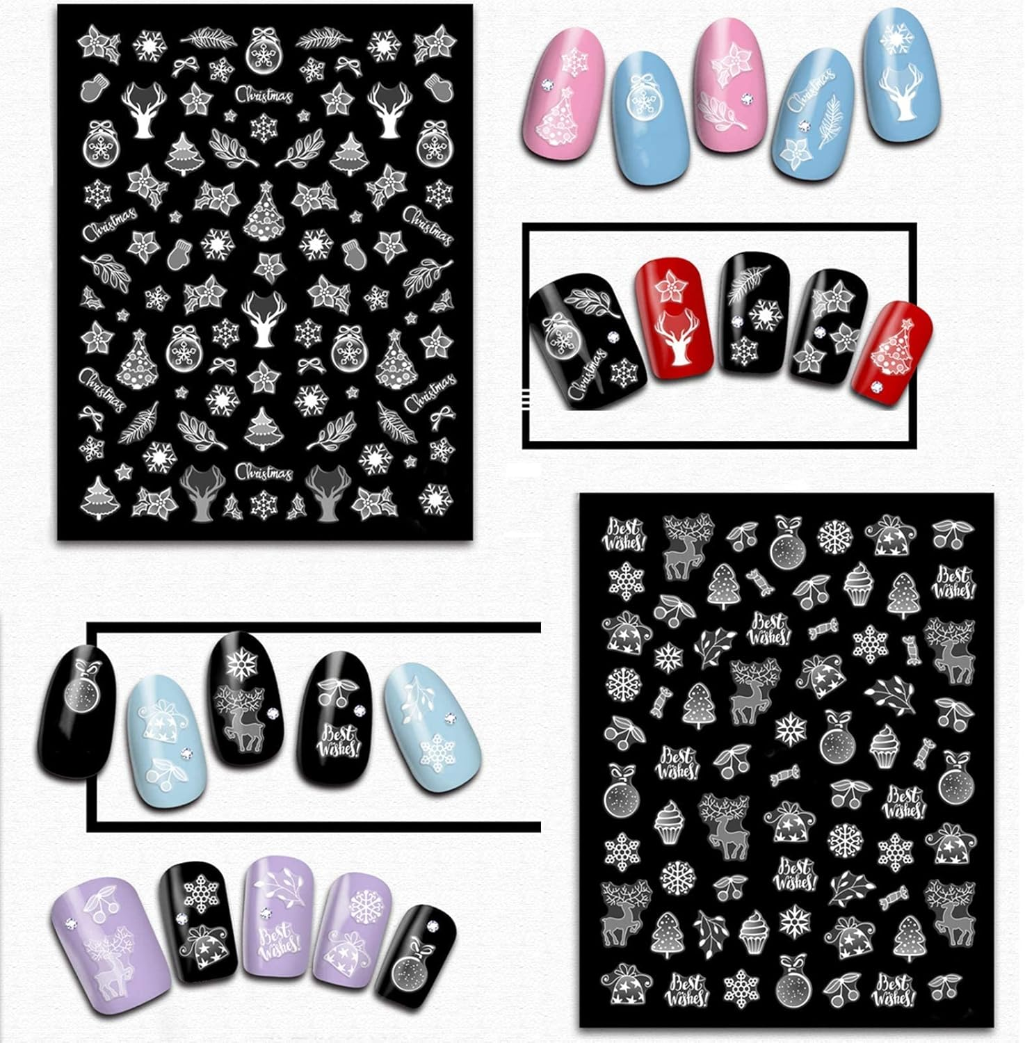 Tailaimei Christmas Nail Art Stickers Decals, Self-Adhesive White Nail Decorations Design for Santa Claus Snowflake Snowman (800 Pcs, 9Sheets) image number 6