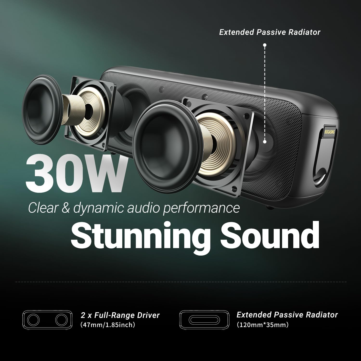 BOGASING G6 Bluetooth Speaker, Portable Wireless Speakers with 30W Loud Stereo Sound, 35H Playtime, IPX6 Waterproof, Bluetooth 5.3, EQ, Tf-Card, AUX, USB Stick, Outdoor Speaker for Party - Beige image number 2