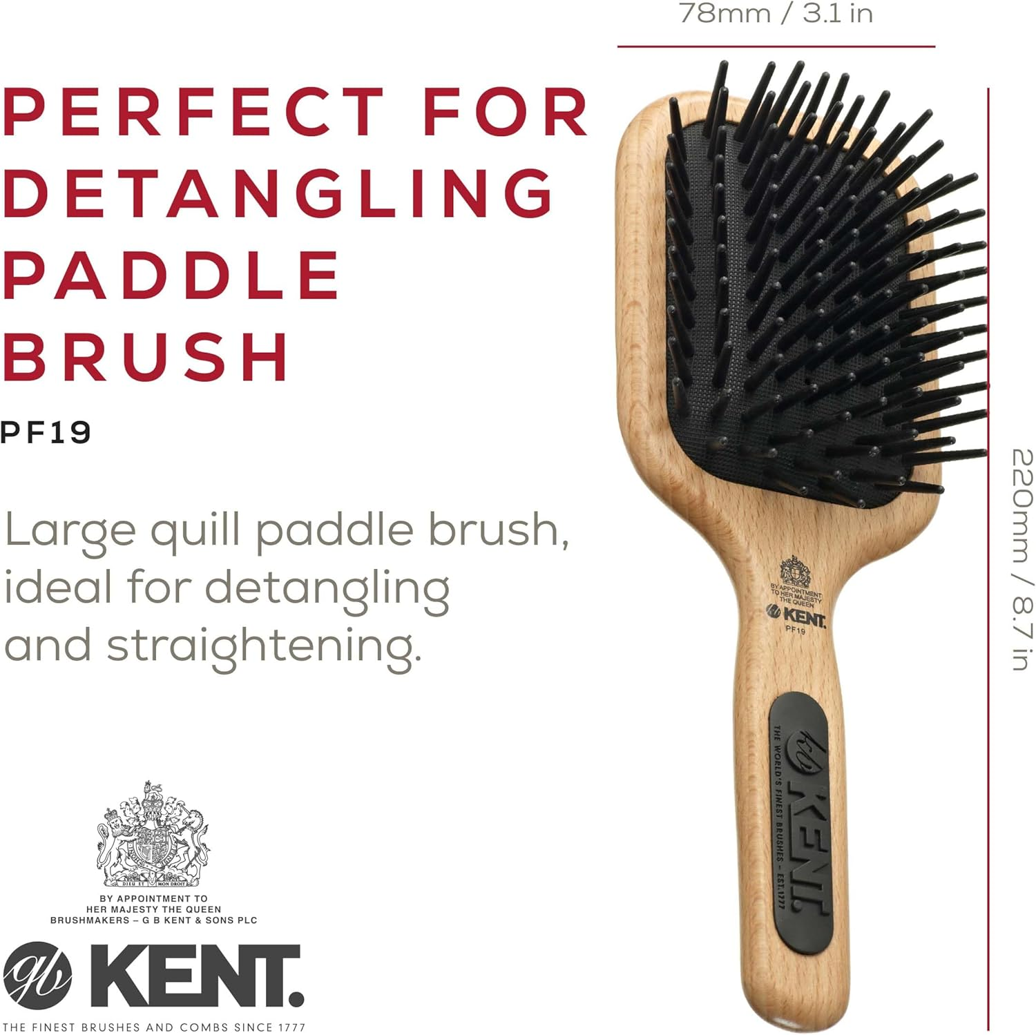 Kent Paddle Hair Brush with Large Non Scratch Nylon Quills, Medium image number 3
