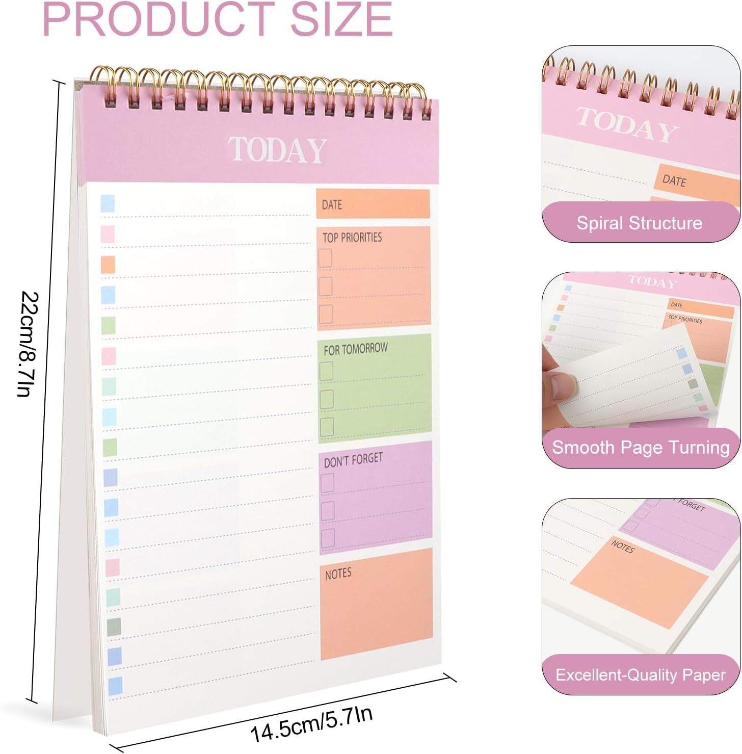 ZTOWOTO A5 Weekly Planner &ndash; 1 Pack Undated to Do List with Spiral Binding,50 Sheets Daily Planner Notepad with Task Checklist Tear-Off Sheets for School,Office, Home&ndash;Pink(8.7 * 5.7") image number 4