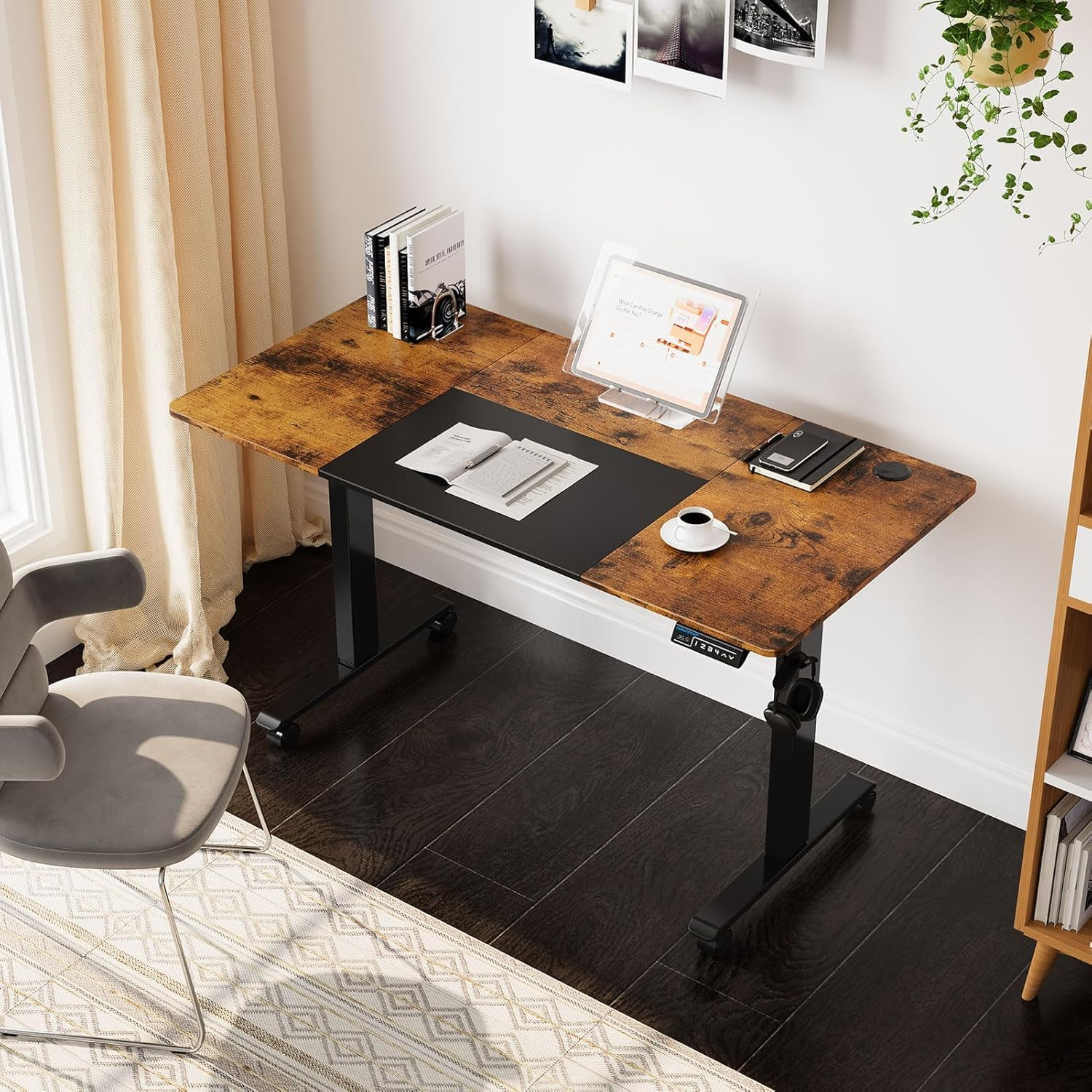 MOUNTUP Electric Standing Desk 140X70Cm (55X28) Height Adjustable, Sit Stand Desk with Memory Controller, Ergonomic Stand up Desk for Home Office with Splice Board, Rustic Brown+Black - Oak+Black image number 4