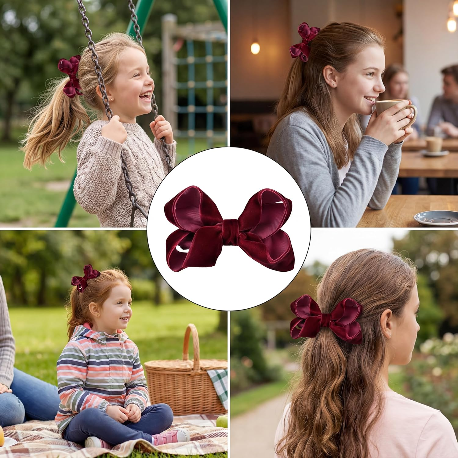 Pack of 12 Velvet Hair Clips Girls, 7.6 Cm Hair Bow Women, Hair Accessory for Teenagers, Toddlers, Women for Party, Christmas, Carnival, Everyday Use (Burgundy) image number 4