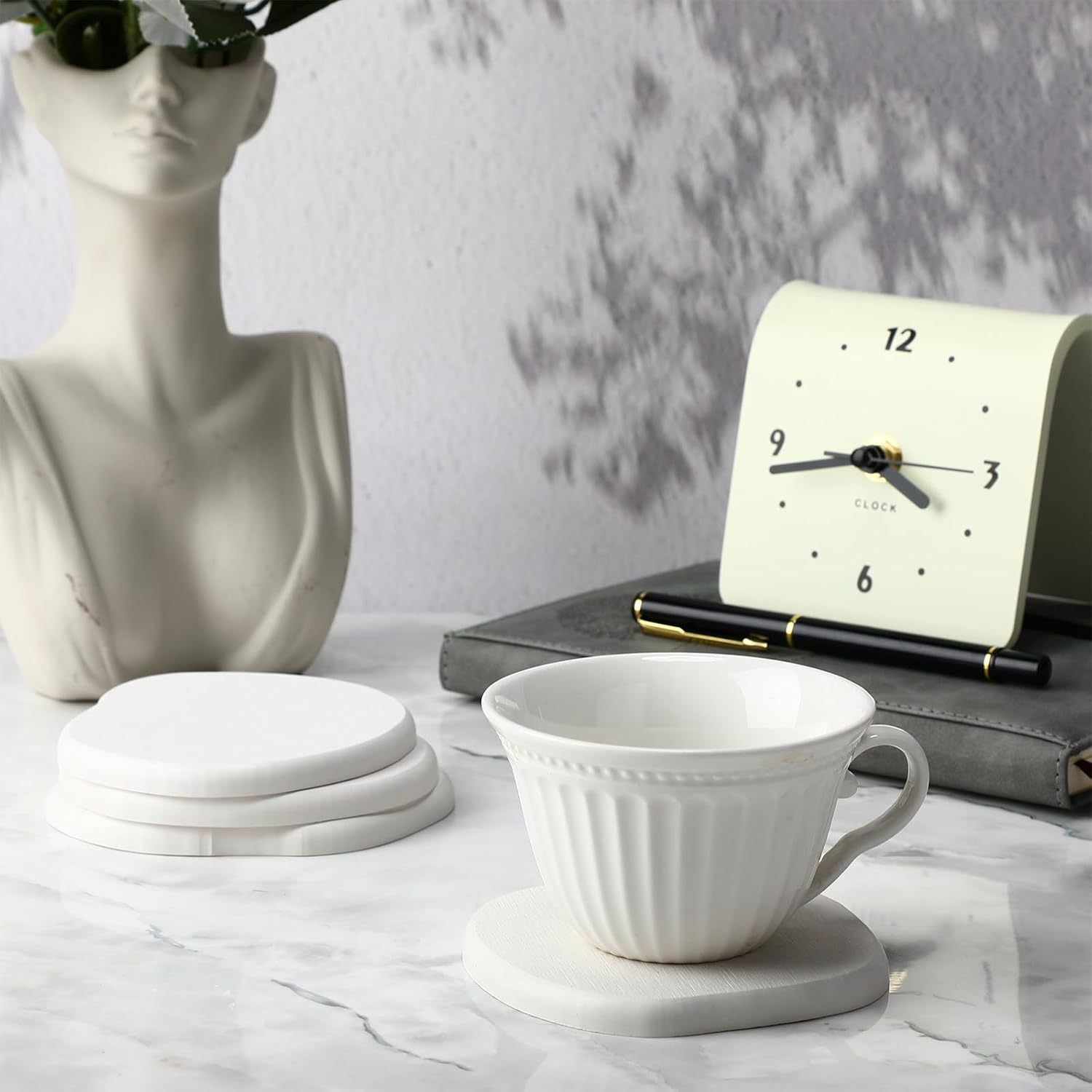 Diatomaceous Earth Coasters Set of 8，Cool Absorbent Quick-Dry Drink Coasters for Desks, Cute Modern Stone Design with Stylish White Aesthetic (8, White) image number 6