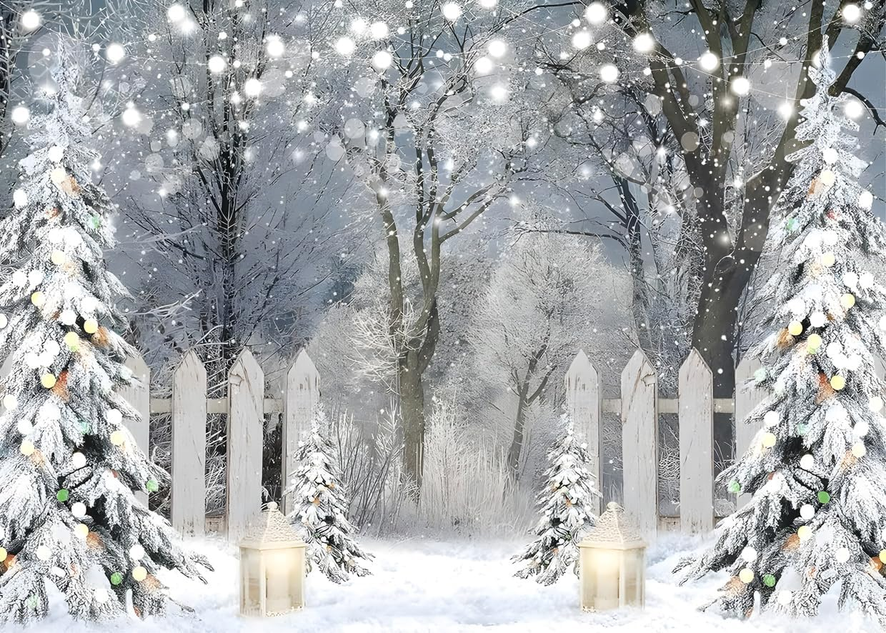 AIIKES 10X8FT Winter Photography Backdrop Glitter White Snow Forest Pine Tree Backdrop Christmas Holiday Party Decor Banner Kids Portrait Photo Studio Props 12-621