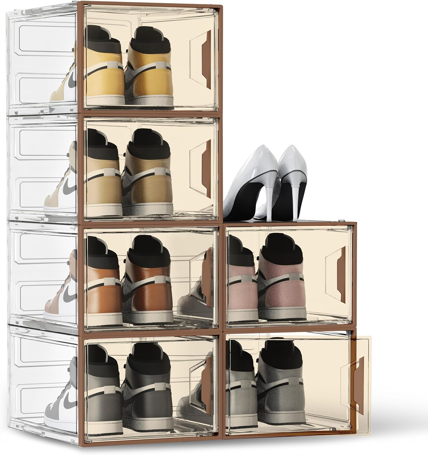 SEE SPRING 6 Packs Large Hard Plastic Shoe Organizer Box Compatible with Christian Louboutin Magnetic Door, Sturdy Stackable Clear Bins, Toy Storage, Entryway Rack (6 Packs - Coffe&Clear)