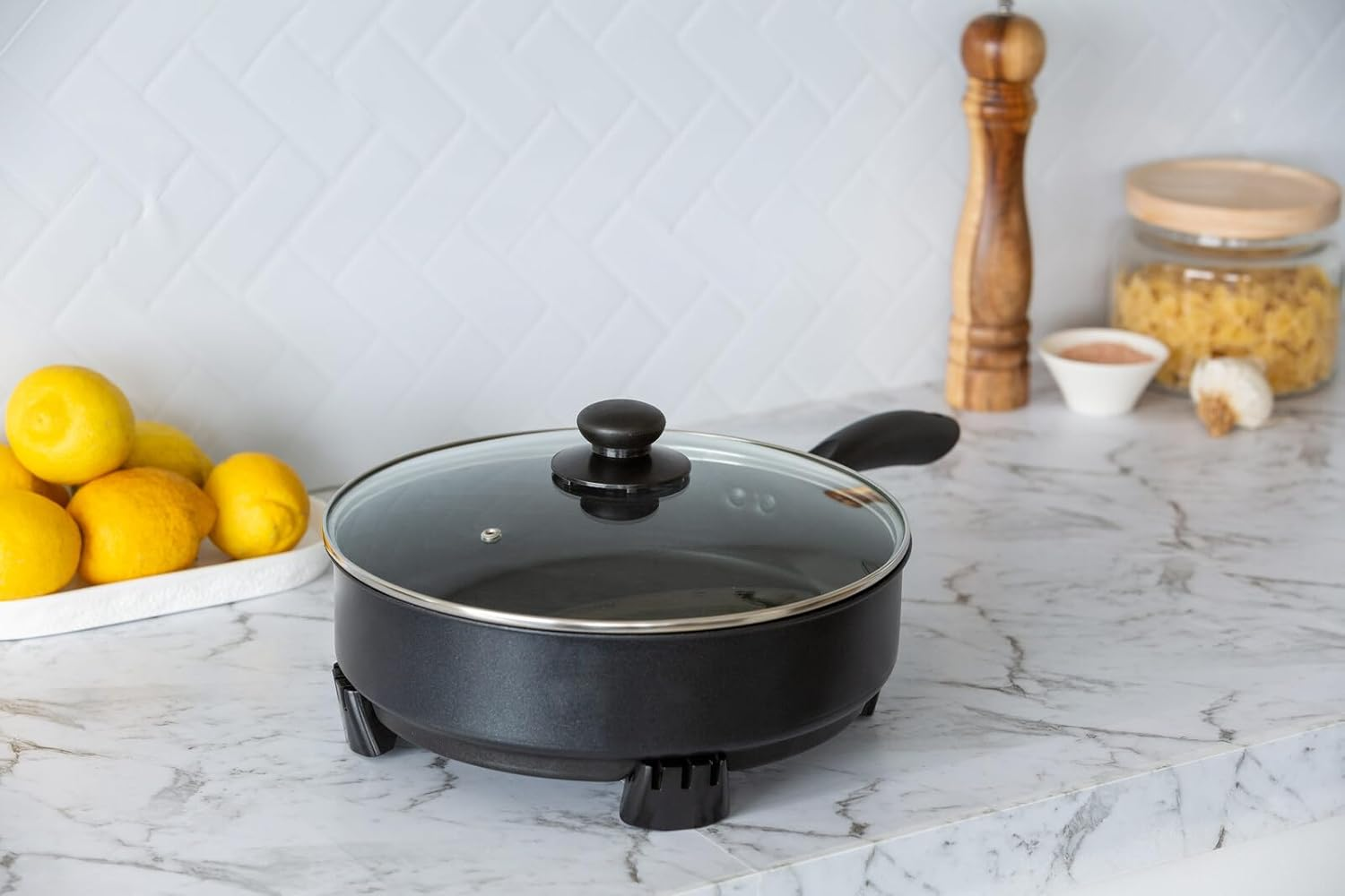 Healthy Choice 28CM Electric Kitchen Skillet with Nonstick Coated Grill Pan & Glass Lid Cover, Indoor Countertop Cooking Pan with 5 Temperature Settings & Handle Compact Easy Clean image number 3