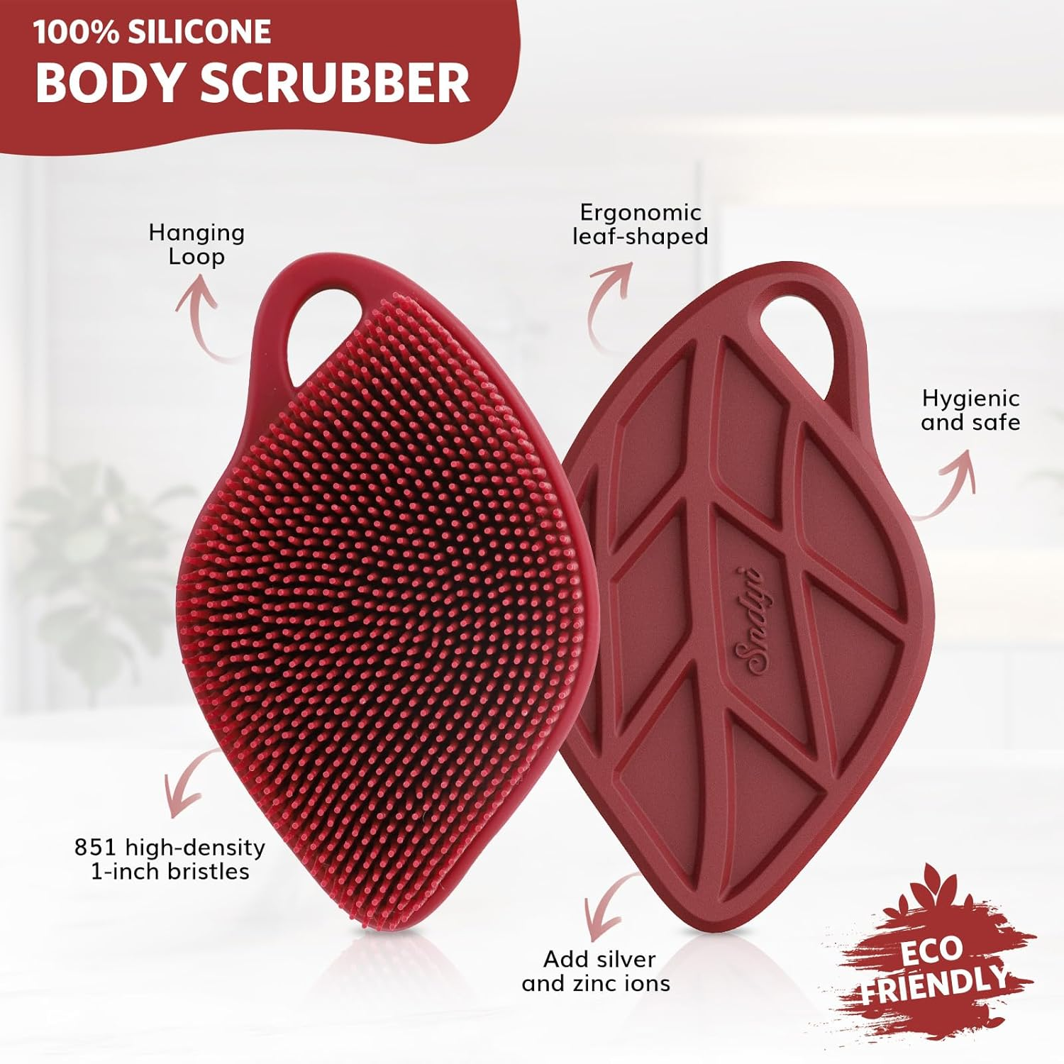 Sndyi Silicone Body Scrubber, Gentle Exfoliating Body Scrubber for Sensitive Skin, Leaf Shaped Shower Scrubber for Body with Lathering Bristles, Silicone Loofah Body Brush for Showering, Christmas Red image number 6