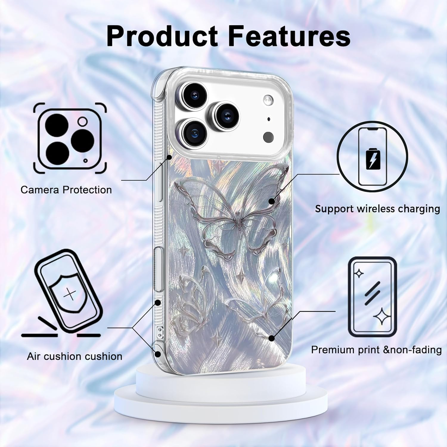 ELEPIK Shiny Fade Series for Iphone 17 Pro Max Case, [Unique Laser Design] Glitter Cute Fade Pattern Slim Soft TPU Protective Women Girl'S Phone Cover, Silver Butterfly image number 5