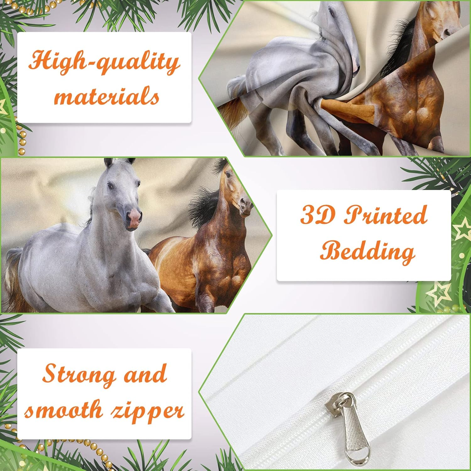 Bedding Set for Horses 3D Print, Children'S Bedding Set, Animal Horses Motif, Microfibre Duvet Cover Set with Zip and Pillowcase 50 X 75 Cm, for Children, Boys, Teenagers (Two Horses, 200 X 200 Cm)