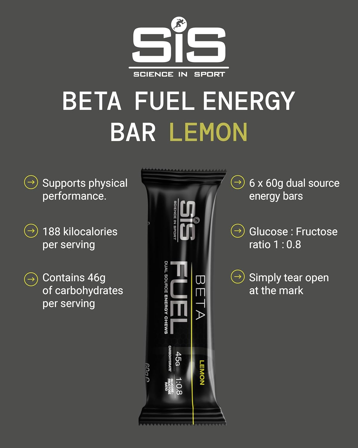SIS Beta Fuel Dual Source Energy Chews - Vegan, High Energy Bar for Runners, Cyclists & Athletes Supports On-The-Go Endurance - Lemon Flavour, 60G, Pack of 6