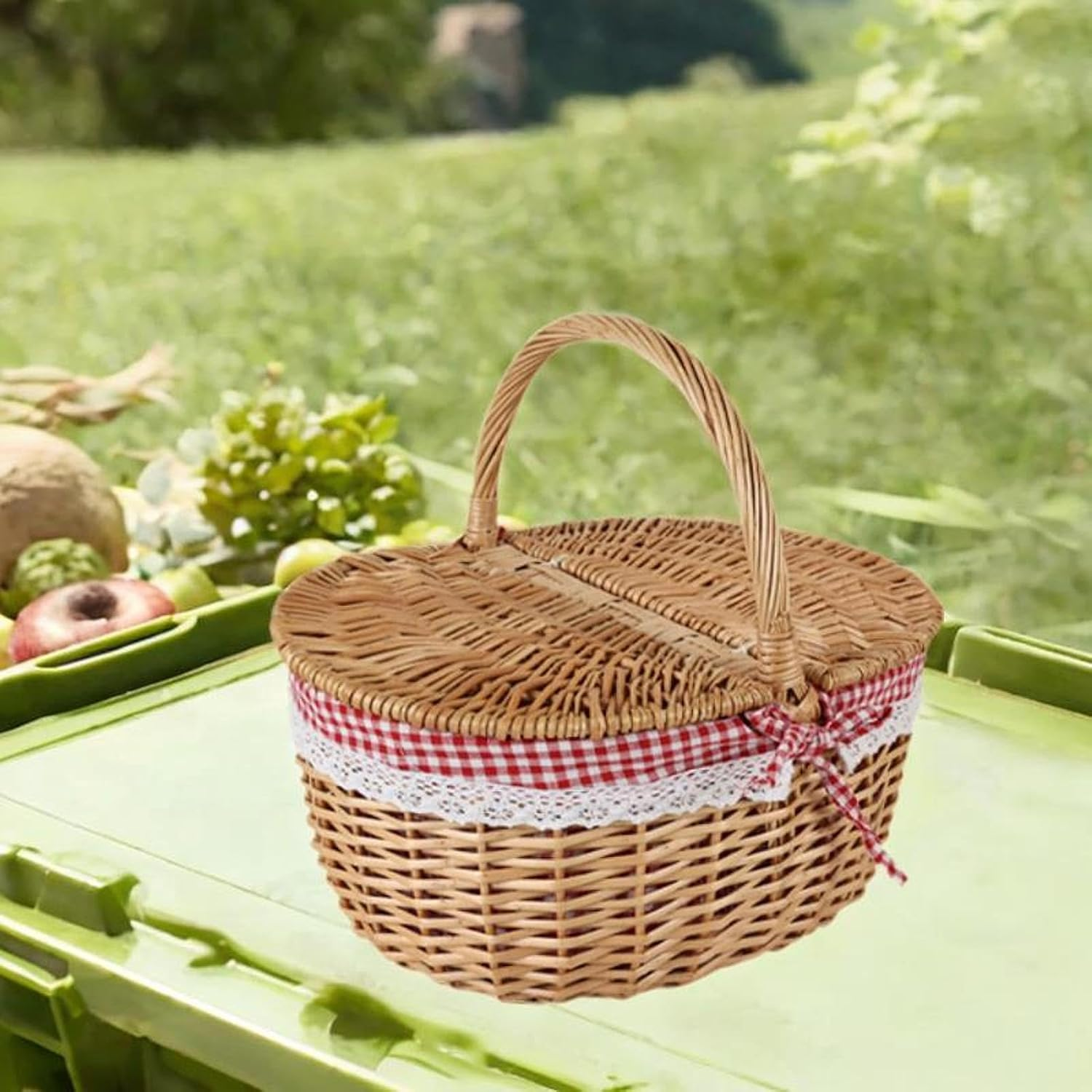 Wicker Picnic Basket, Rattan Storage, Serving Basket with Lid and Handle, Wicker, Woven Basket for Park Parties, Red White, Small image number 1