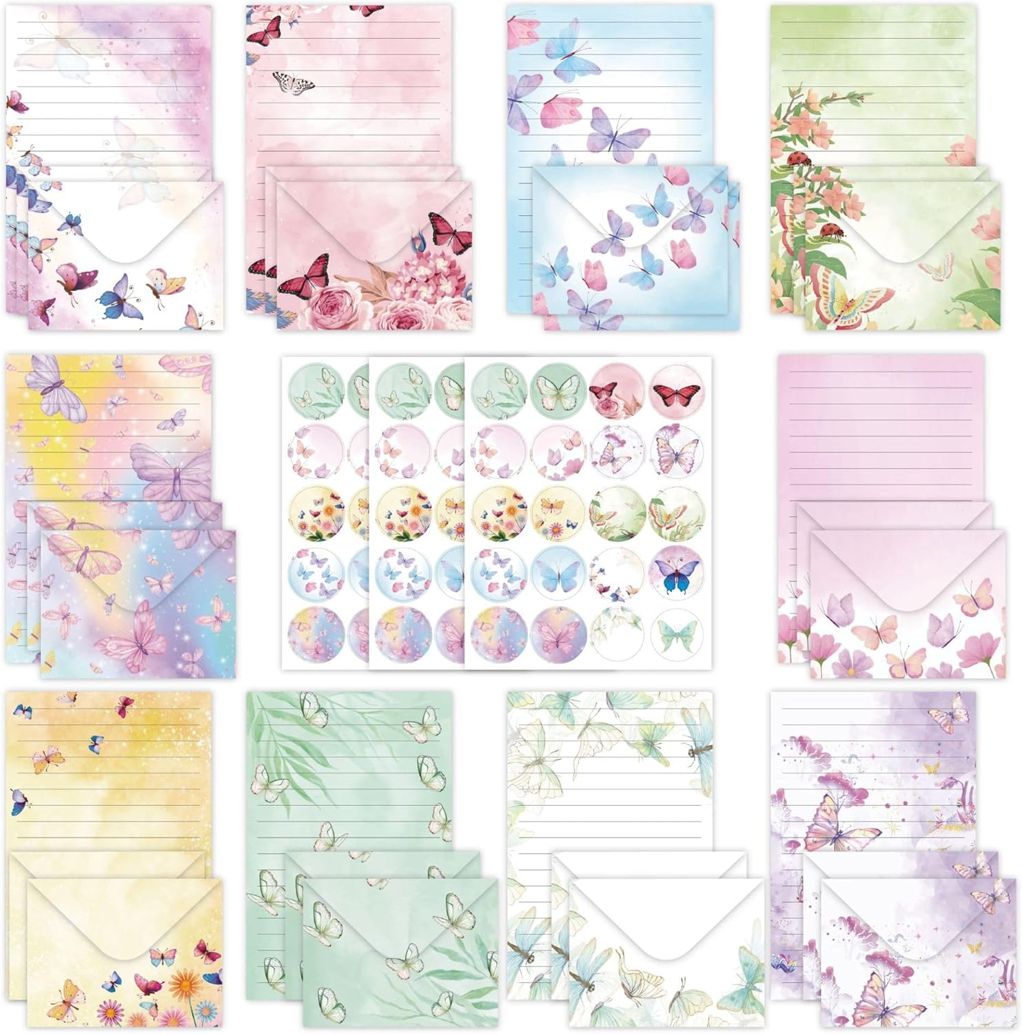 Buziba 160 Pcs Watercolor Butterfly Stationery Paper Writing Papers Matching Envelopes Set with round Stickers Lined Lettler for Writing Letters Greeting Cards Invitations (Watercolor Butterfly) image number 2