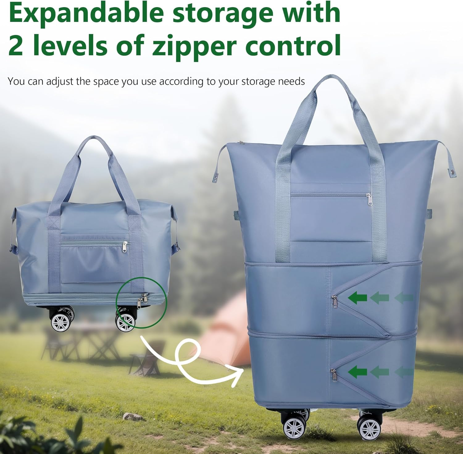 Wymulot Expandable Suitcase, Folding Travel Bag with Wheels, Weekender Travel Bag for Carry-On, Tote Bag with Storage Space，Large Luggage Bag for Business Trips, Camping, Short Trips, Fitness, Misty - Green image number 6