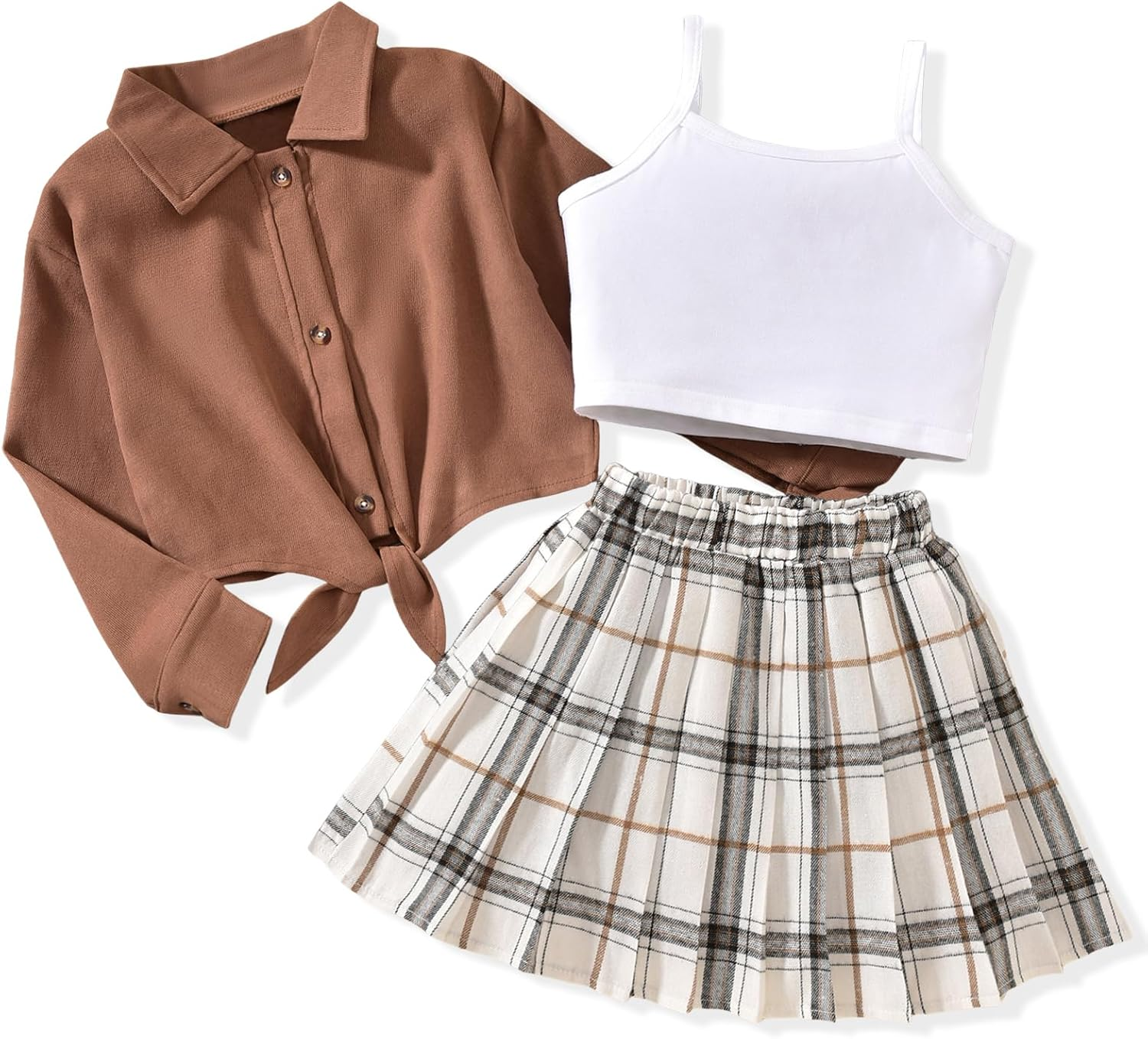 Girls 3 Piece Skirt Set Cami Crop Tops Pleated Skirt with Button Shirts Size 6-12