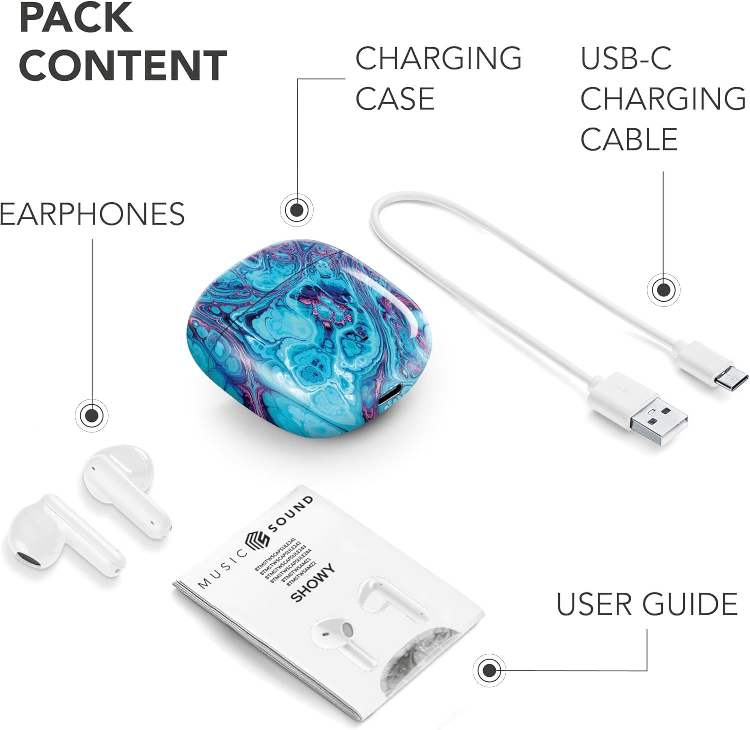 Music Sound - TWS Fantasy Bluetooth Headphones - Capsule Design - Wireless - Charging Case - Microphone - Playback Time up to 25 Hours - and Patterns