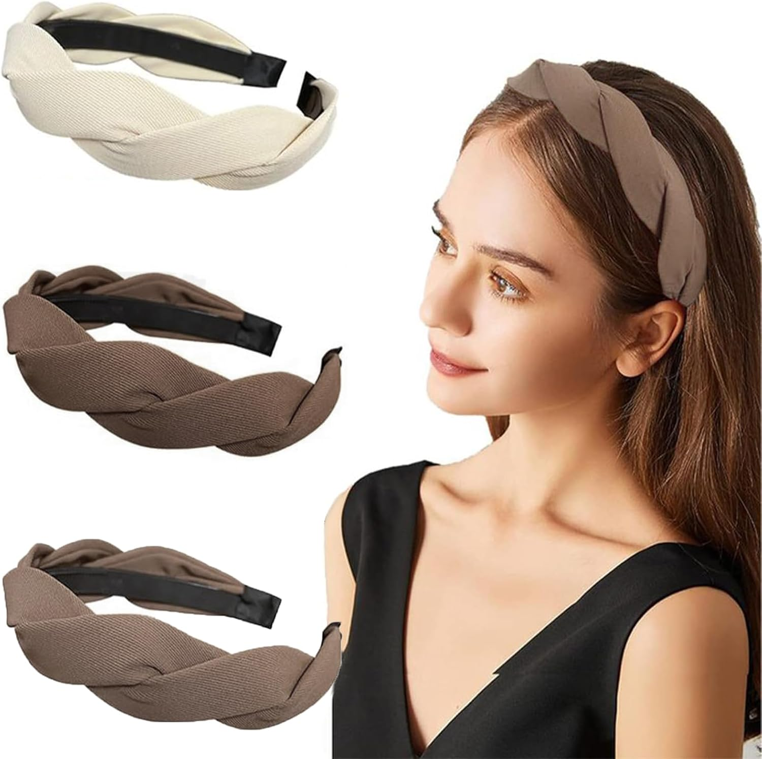 Nayyana 3 Pieces Fashion Solid Headbands for Women and Girls, Wide Braided Headband, Fabric Hair Bands with Tooth, 3Cm Non-Slip Headband Accessories, Coffee Color image number 5