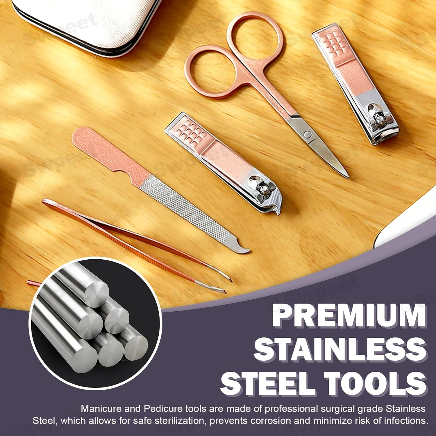 Swpeet 12Pcs Manicure Set, Nail Clippers Set, High Precisio Stainless Steel Nail Cutter Pedicure Kit Grooming Kit Manicure Fingernails, Toenails with Portable Stylish Case for Personal Care, Rose Gold image number 3