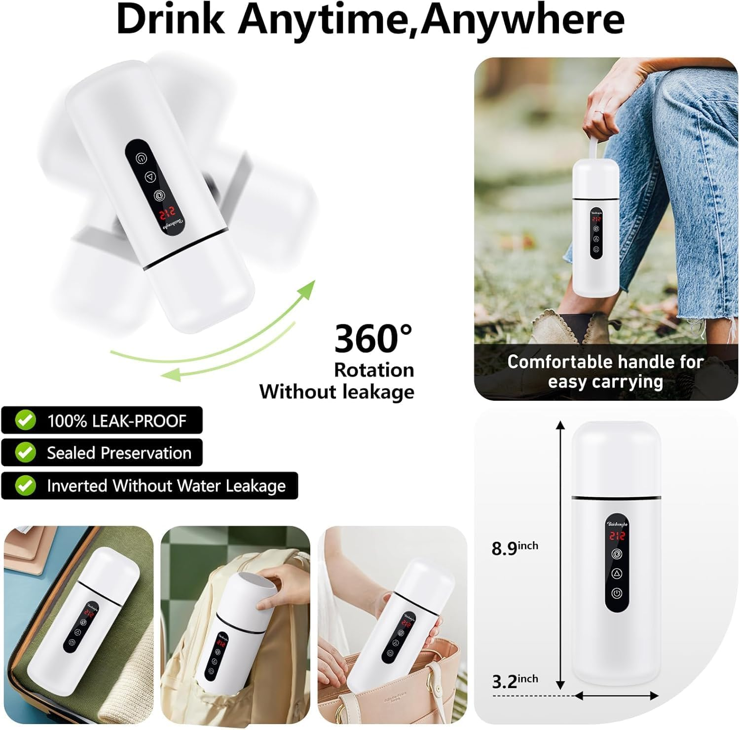 Car Kettle, Portable Electric Travel Kettle, 12V/24V Car Coffee Warmer, 420ML Hot Water Boiler, Small Hot Water Heater, with Built-In Magnetic Induction Stirring for Tea Coffee Milk (White) image number 6