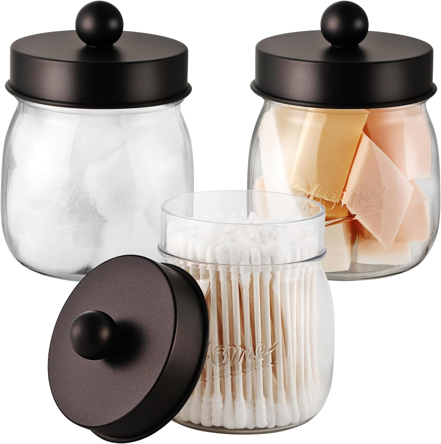 Sheechung 3 Pack Qtip Holder Bathroom Jar Set, Apothecary Mason Jar for Bathroom Vanity Home Storage Organizer, Qtip Dispenser for Cotton Swabs, Floss Picks, Farmhouse/Home Decor (Black)
