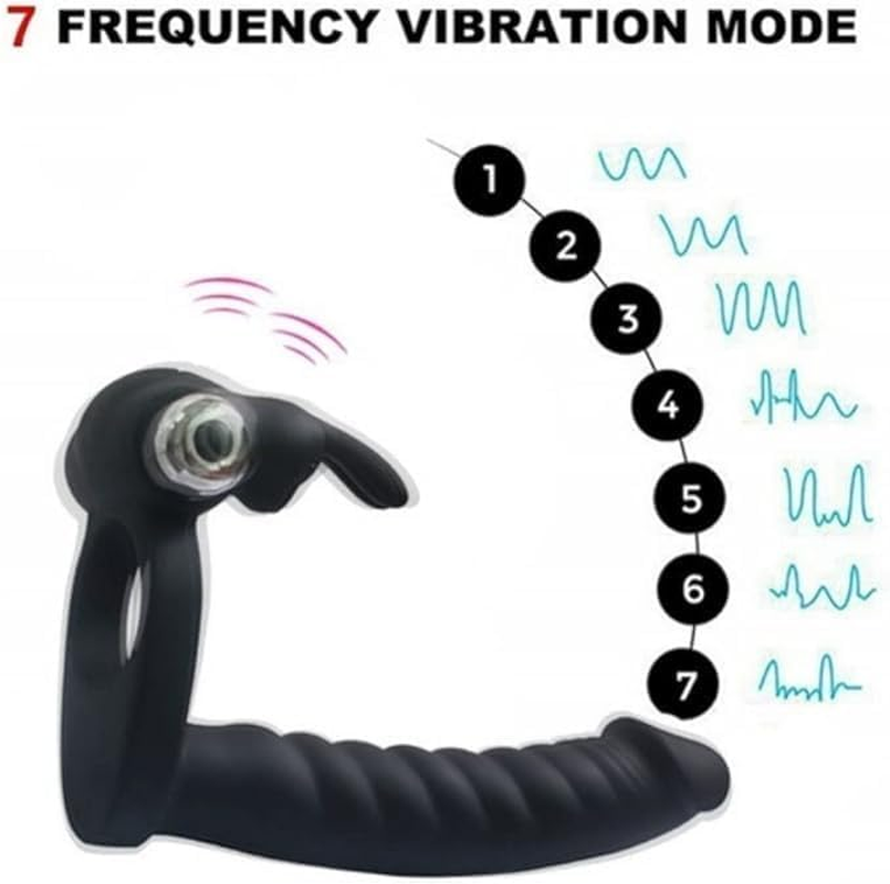 Silicone Butt Plug Dual Penetration Vibrating Double Dildo with Cock Ring Penetrator Men Couple Anal Plug Sex Strapon Enhancer 7 Speed Adult Women Pleasure (Black) image number 1