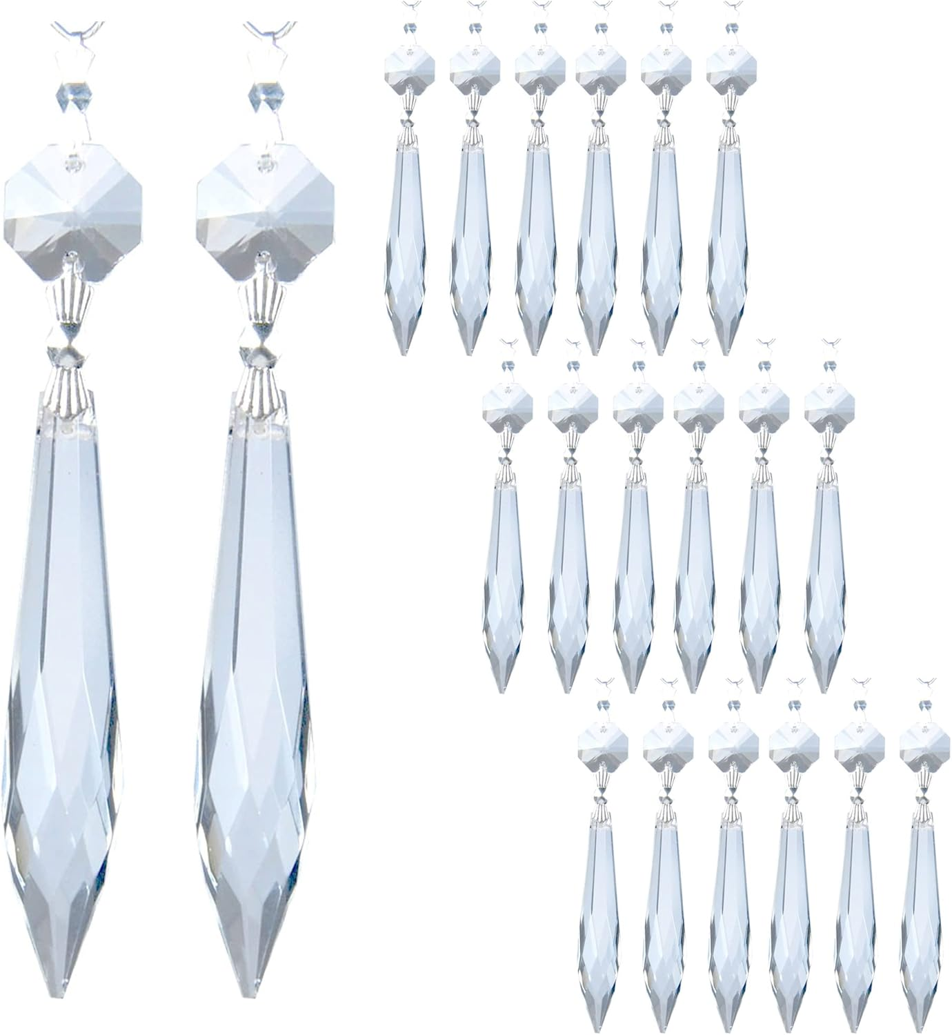 HDCRYSTALGIFTS Clear Chandelier Icicle Crystal Prisms Octogan Glass Bead for Lamp Decoration,Pack of 50 (38Mm&Silver Circle Clips)
