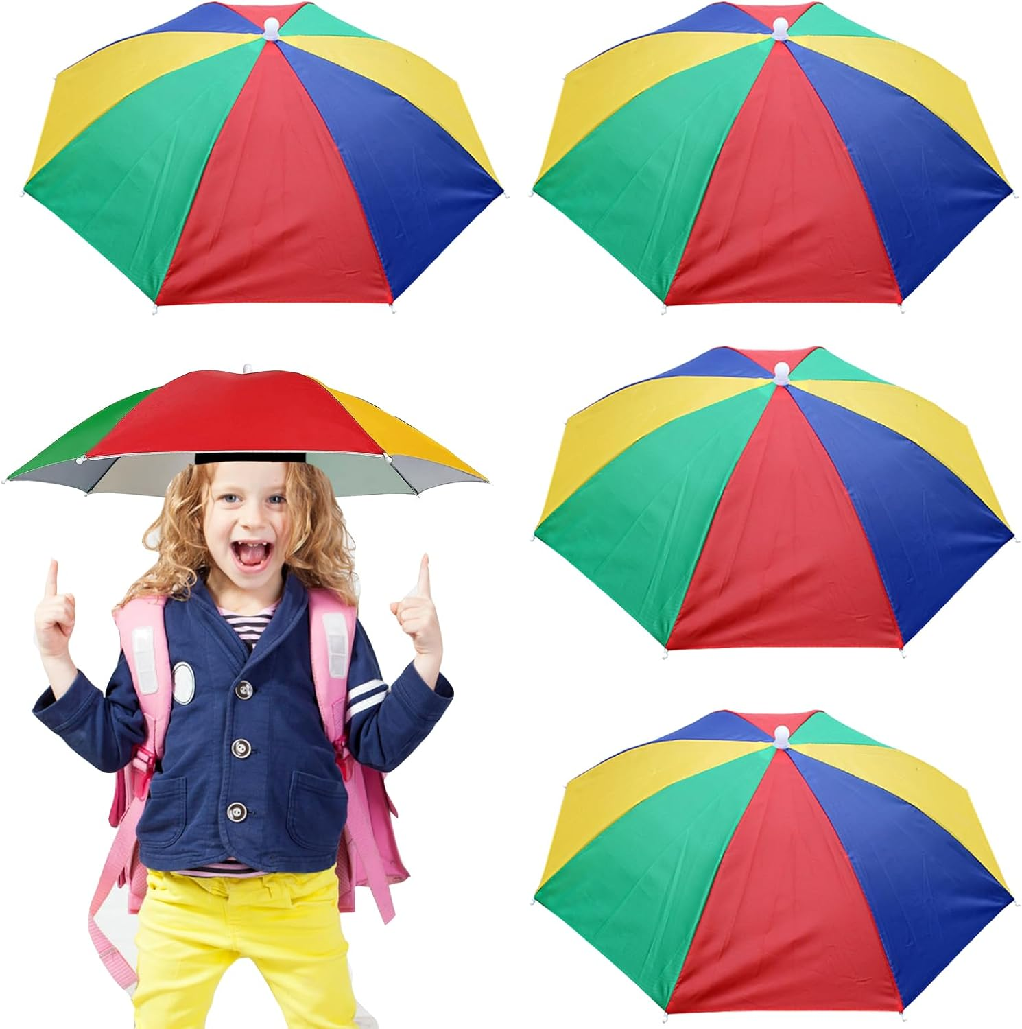 MUFEKUM 4 Pack Umbrella Hats, 20.5" Hands-Free Head Umbrella Hats for Kids, Folding Waterproof Umbrella Cap with Head Strap for Outdoor Party, Fishing, Sun, Rain, Beach, Golf, Hiking