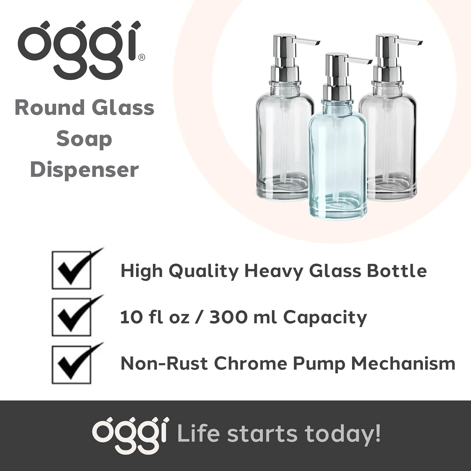 Oggi 12Oz round Glass Lotion and Soap Dispenser for Kitchen or Bath-Smoke image number 2