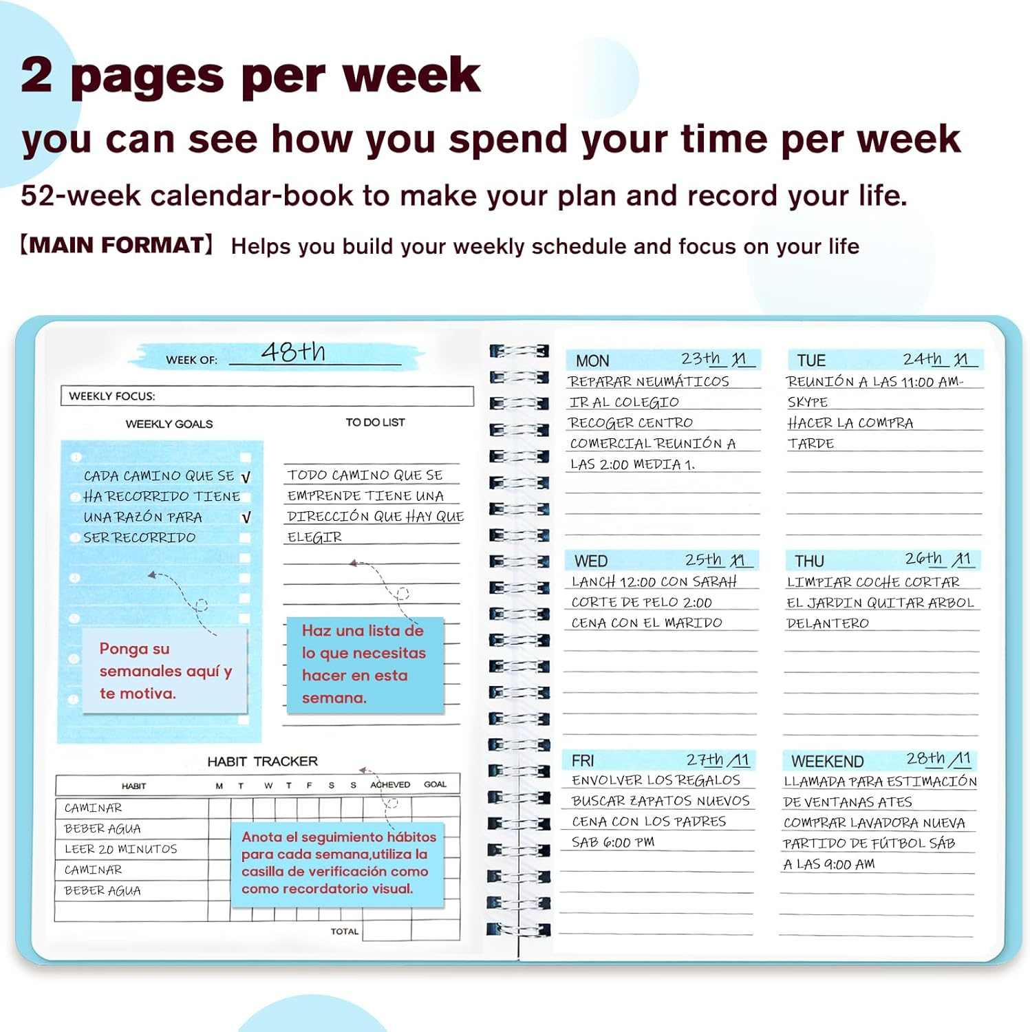 Undated Weekly Agenda, A5 English Spiral Notebook, Work Agenda, Weekly Notes, Waterproof PVC Cover (Blue) image number 2