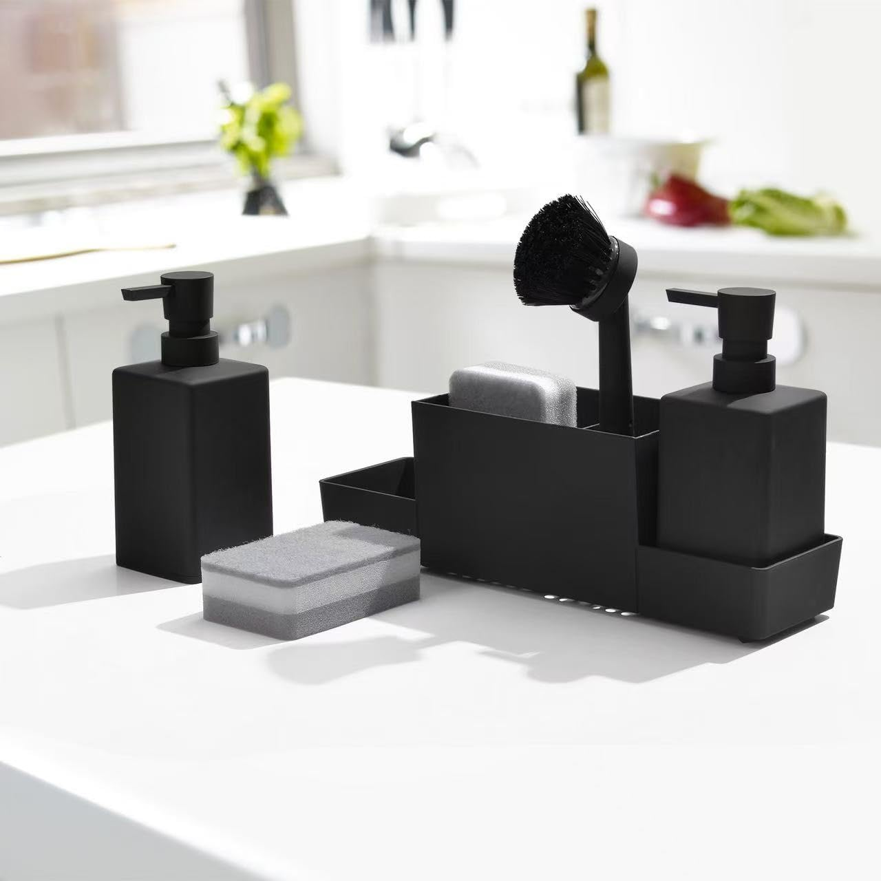 JCQMZB Kitchen Soap Dispenser with Sponge Holder Set for Sink Caddy (Double Soap Dispensers and 1 Brush) Matte Black image number 3