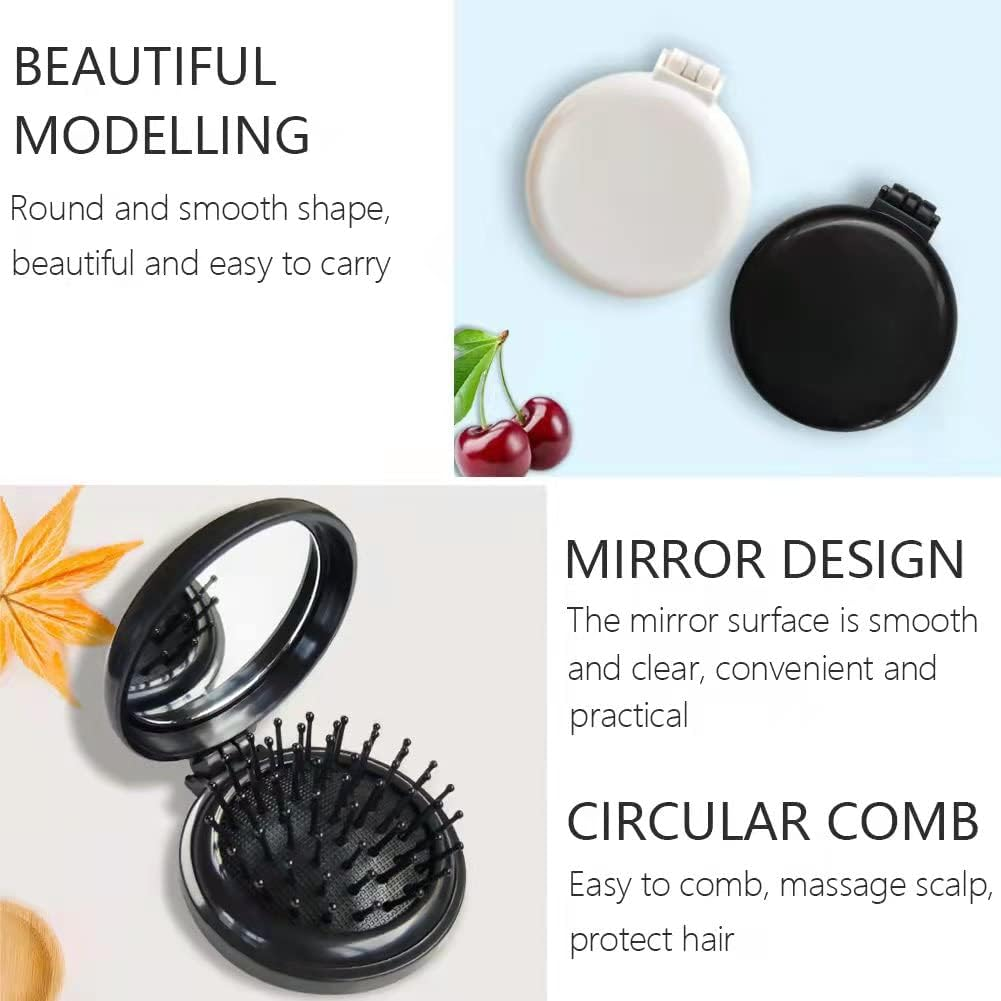 Folding Hair Brush with Mirror for Purse/Pocket,Round Mini Compact Massage Comb for Girls and Women (Black+White) - Pink+White image number 3