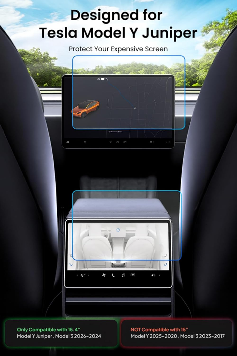 Tesla New Model Y Juniper (2025&ndash;2026) & Model 3 Highland (2024&ndash;2026) Screen Protector [No Glare & Fingerprint], 9H Tempered Glass, with Alignment Kit Accessories, Matte image number 1