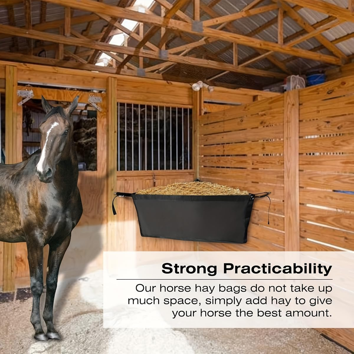 AIMALL Horse Hay Feeder Bag Large Triangle Feeding Bag with Nylon Mesh Oxford Cloth for Stable and Equestrian Use Black 33.46X25.59X21.65In Adjustable Strap