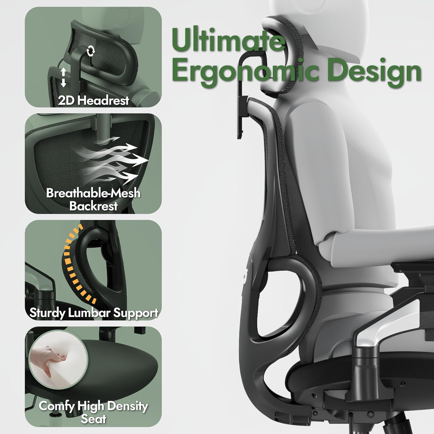 4D-Armrest Office Chair, High Back Gaming Chair with Lumbar Support, Ergonomic Office Chair with Adjustable Headrest, Computer Desk Chair with Mesh Backrest for Office & Home Use, Black image number 1