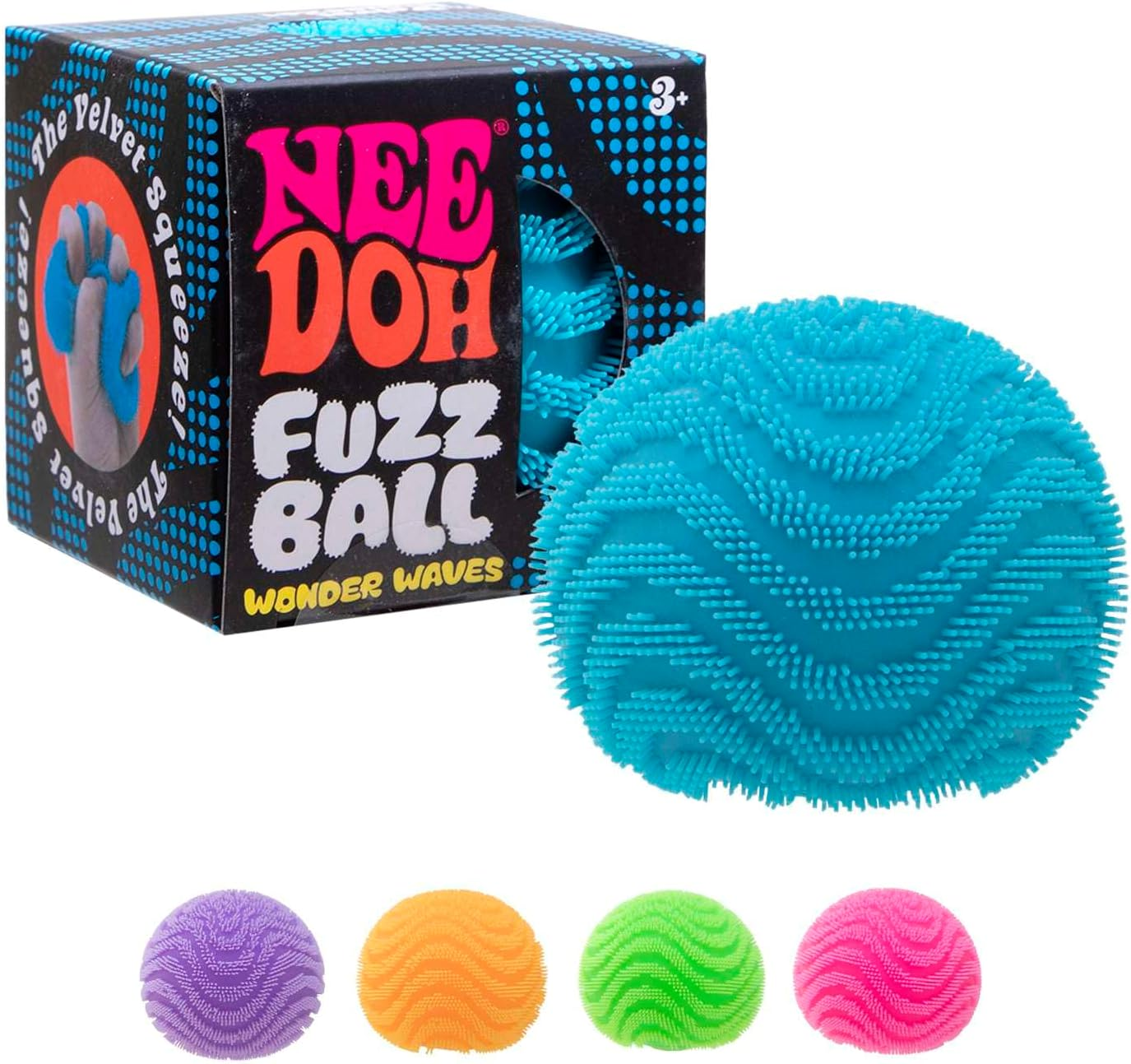 Needoh Fuzz Ball Wonder Waves - Ultra-Soft Squishy Stress Toy with Wavy Texture, Velvet Squeeze & Cloud-Like Feel, Assorted Colours (Pink, Purple, Blue, Green, Orange), 6.35Cm Diameter, Ages 3+