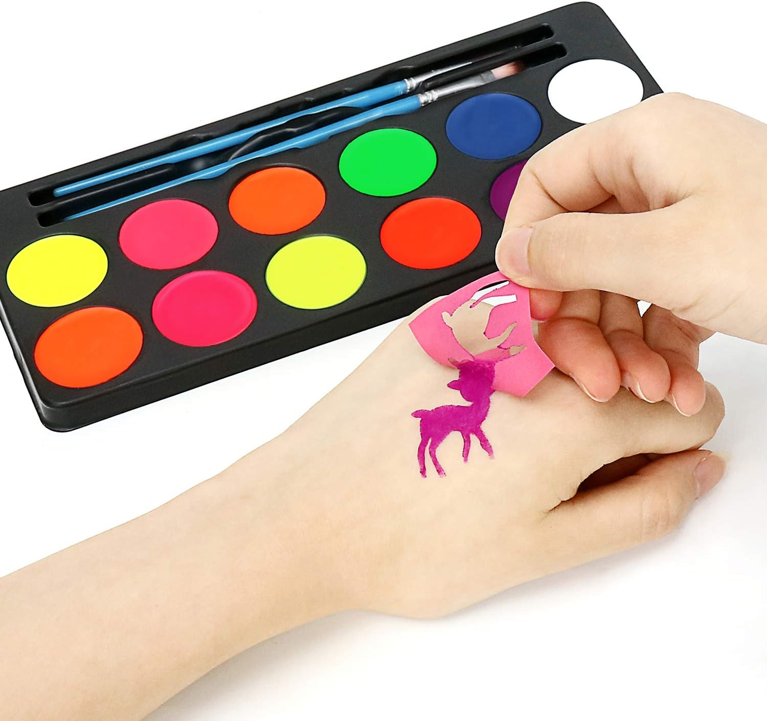 Maydear Face Painting Kit for Kids with Safe and Non-Toxic Water Based 12 Colors UV Fluorescent Face Paint, 40 Stencils & 2 Brushes