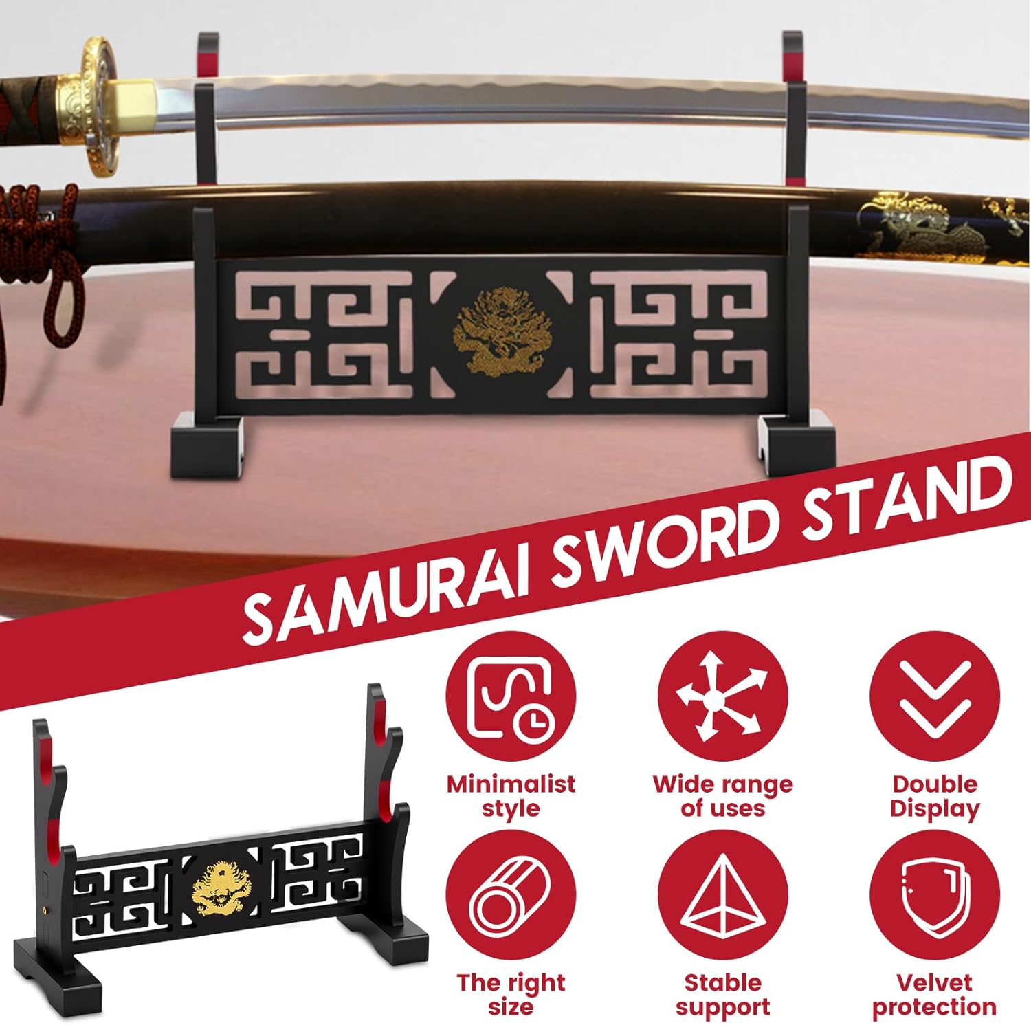 Rdjeokf Sword Stand Display, Samurai Sword Holder Stand Desktop, 2 Layer Display Sword Stand Showcase, with Golden Dragon Pattern Velveteen Protection, Wooden Rack for Knife, Dagger at Home image number 3