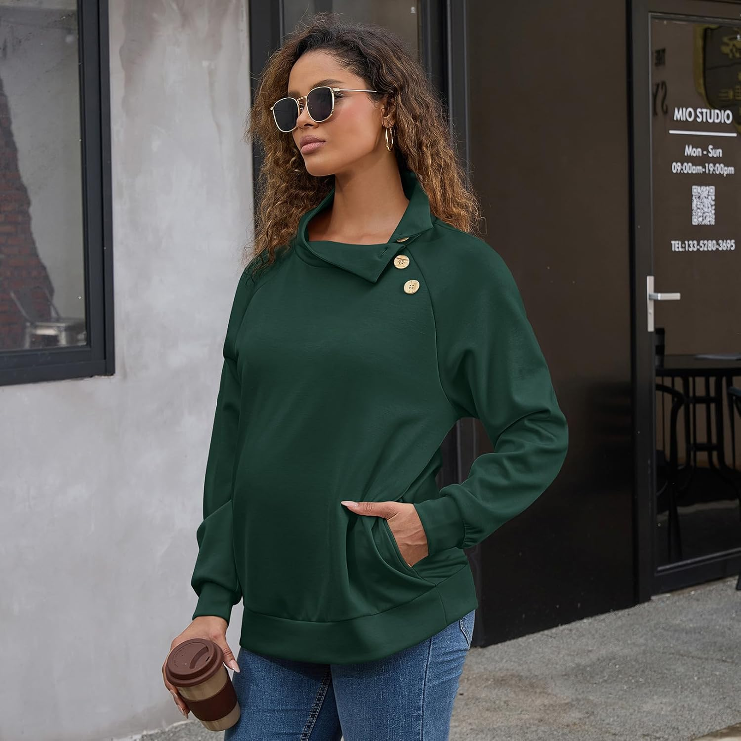 Maternity Turtleneck Sweatshirt for Women Buttons Pullover Shirts Long Sleeve Tops as Clothing with Side Pockets image number 7