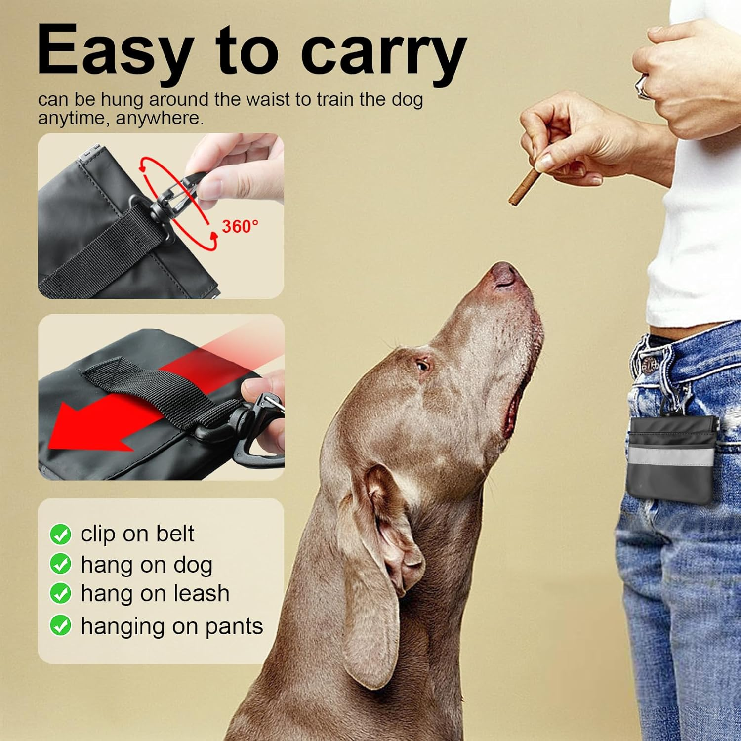 Dog Treat Pouch, Portable Pet Pocket Waist Clip, Reflective Snack Bag for Pets, Includes Clip and Carabiner image number 5