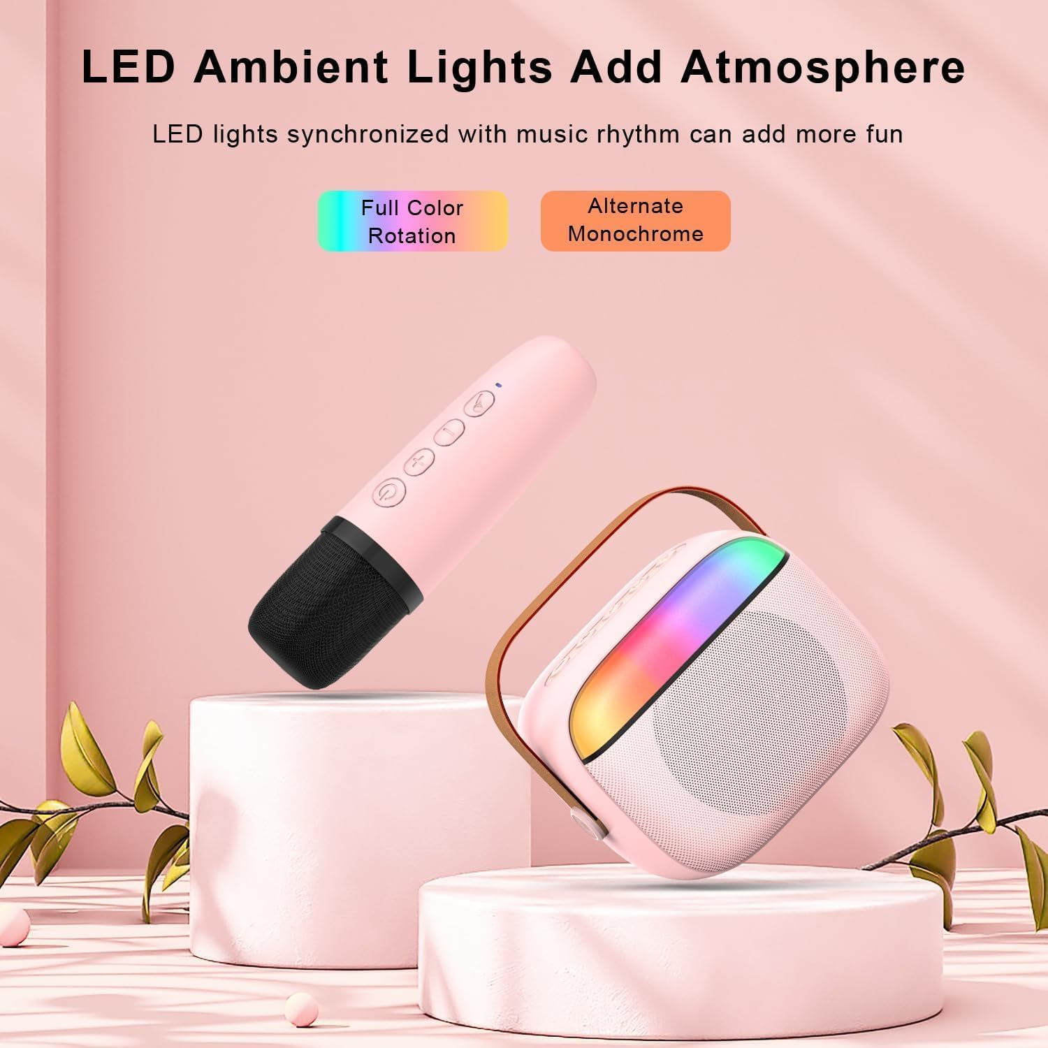 Karaoke Machine for Kids Adults, Mini Portable Bluetooth Speaker with 2 Wireless Microphone, Kids Toys Birthday Gifts for Girls Ages 4-12 +Year Old Family Home Party (Pink) image number 2