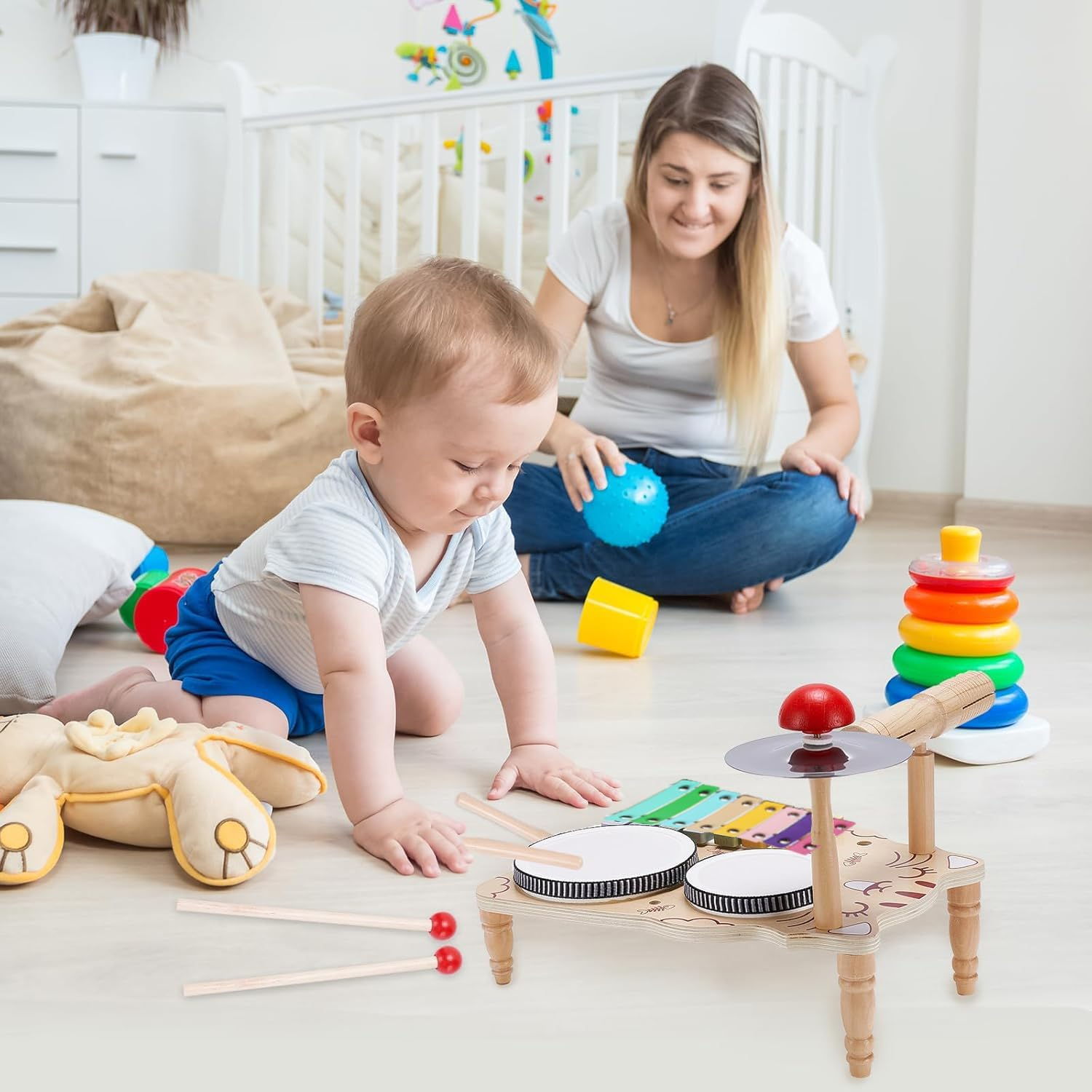 Wooden Drum Set for Toddlers, Baby Musical Instrument Set Kids Toys, Natural Wooden Montessori Toys Xylophone Music Kit Baby Sensory Toys Months Birthday Gifts for Girls Boys-Upgraded image number 4
