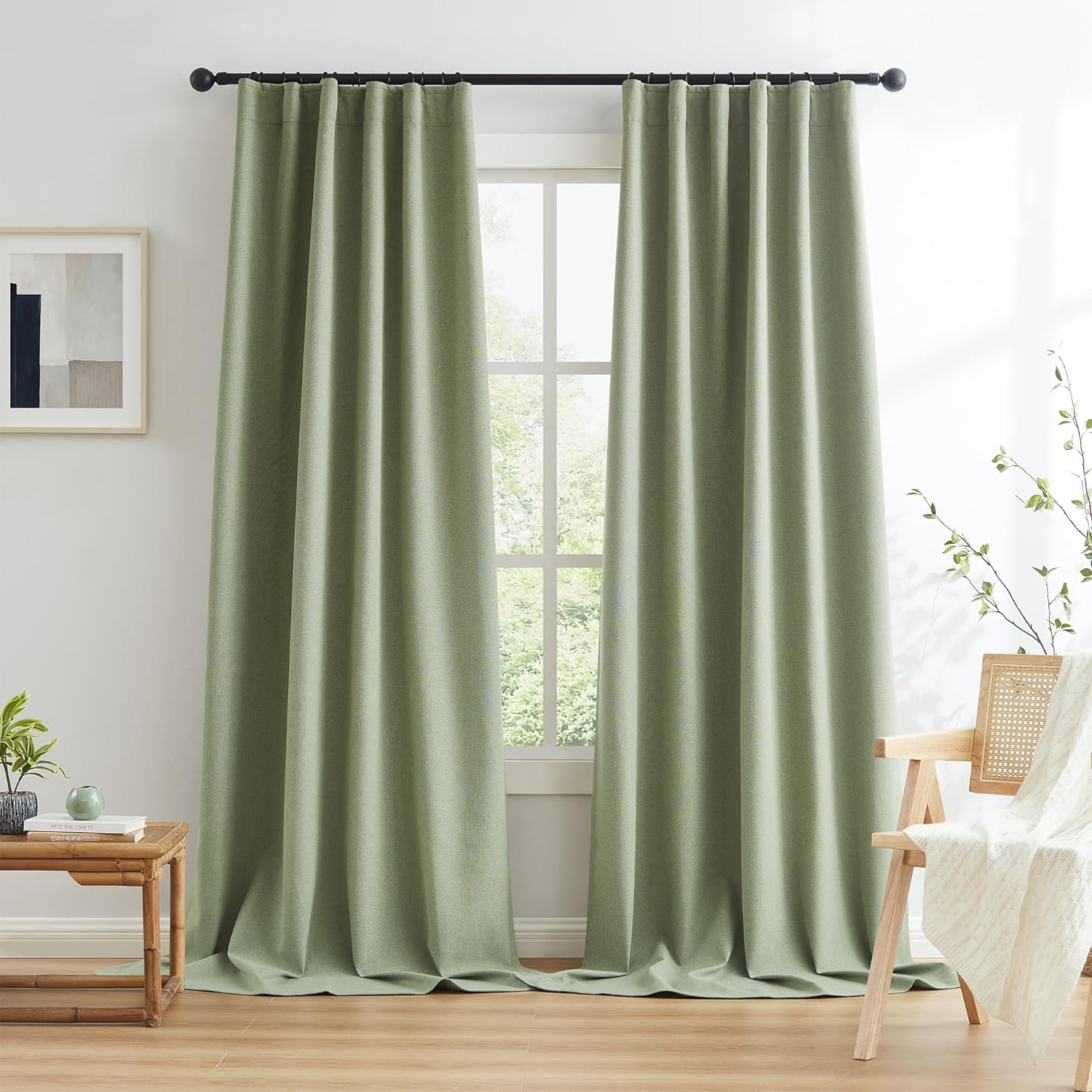 KEQIAOSUOCAI Sage Green Blackout Linen Curtains for Bedroom, Boho Natural Bedroom Home Decor, Long Drapes for Living Room Back Tab Pocket 50 X 96 Inch Length, 2 Panels Set image number 6