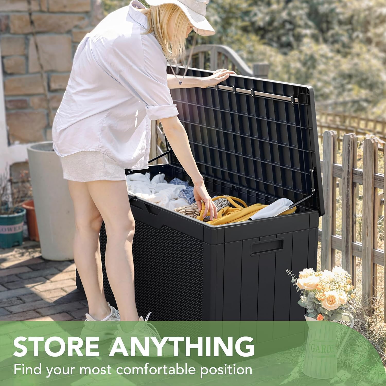 378L Waterproof Resin Storage Box Large Lockable Deck Box for Outdoor Cushions & Garden Tools, Patio Furniture Container, Bench Seating (Black) - Grey image number 2