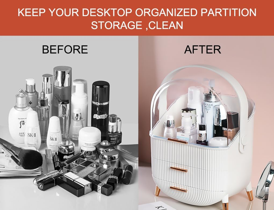 Kiiss Makeup Storage Organizer,Cosmetics Display Case with 2-Layer Storage Box and Transparent Cover, Portable Cosmetics Storage Box, Bedroom Vanity Desk (White) image number 3