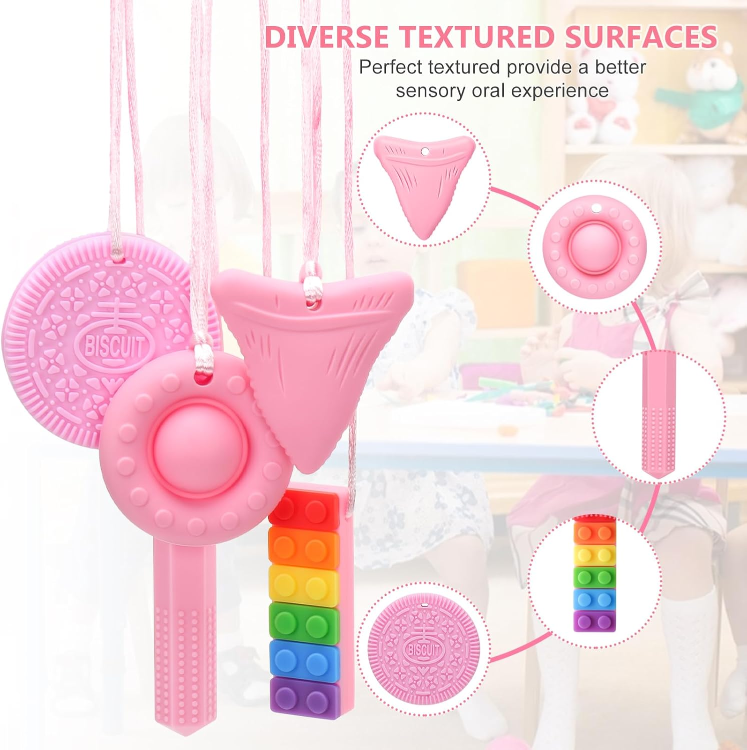 Chew Necklaces for Sensory Kids, 5 Pack Chew Toys Teething for Sensory Kids, Made from Food Grade Silicone for for Autistic, ADHD, Oral Motor Boys and Girls Children (Rainbow Color) image number 1