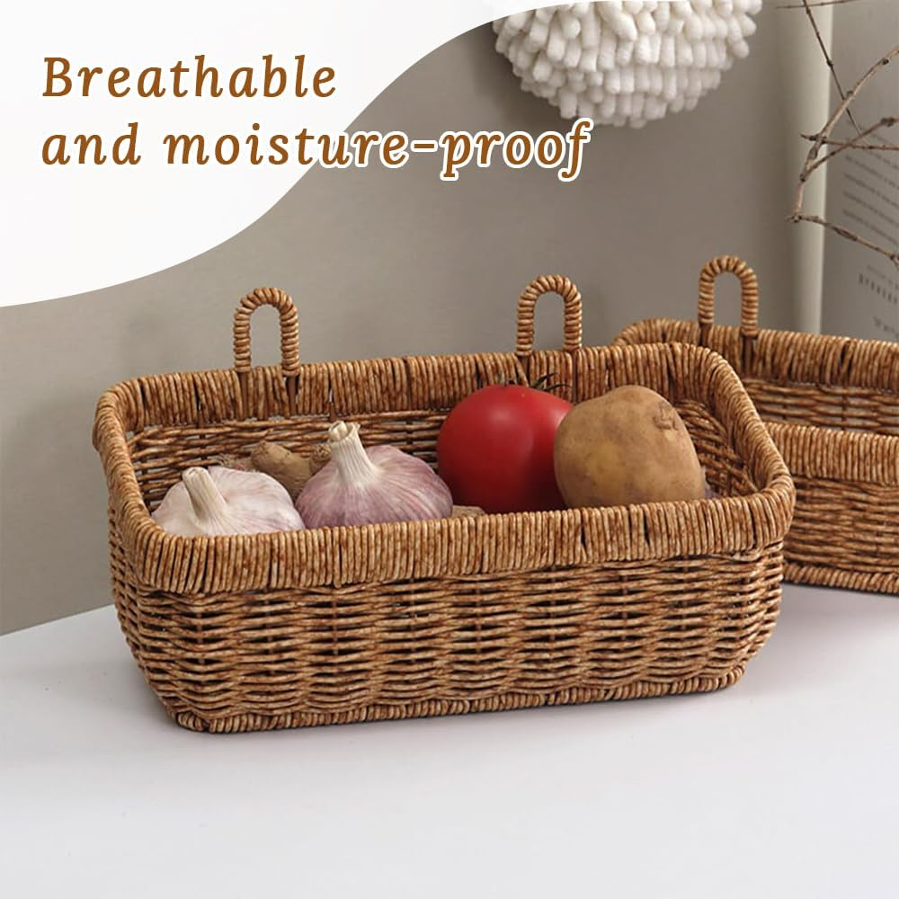 2 Pack Wall Hanging Basket, Imitation Rattan Woven Storage Rack,Storage for Fruits, Snacks, Sundries, Seasonings, Flowers,For Indoor Outdoor Wall, Home Room, Garden, Wedding Decoration image number 3